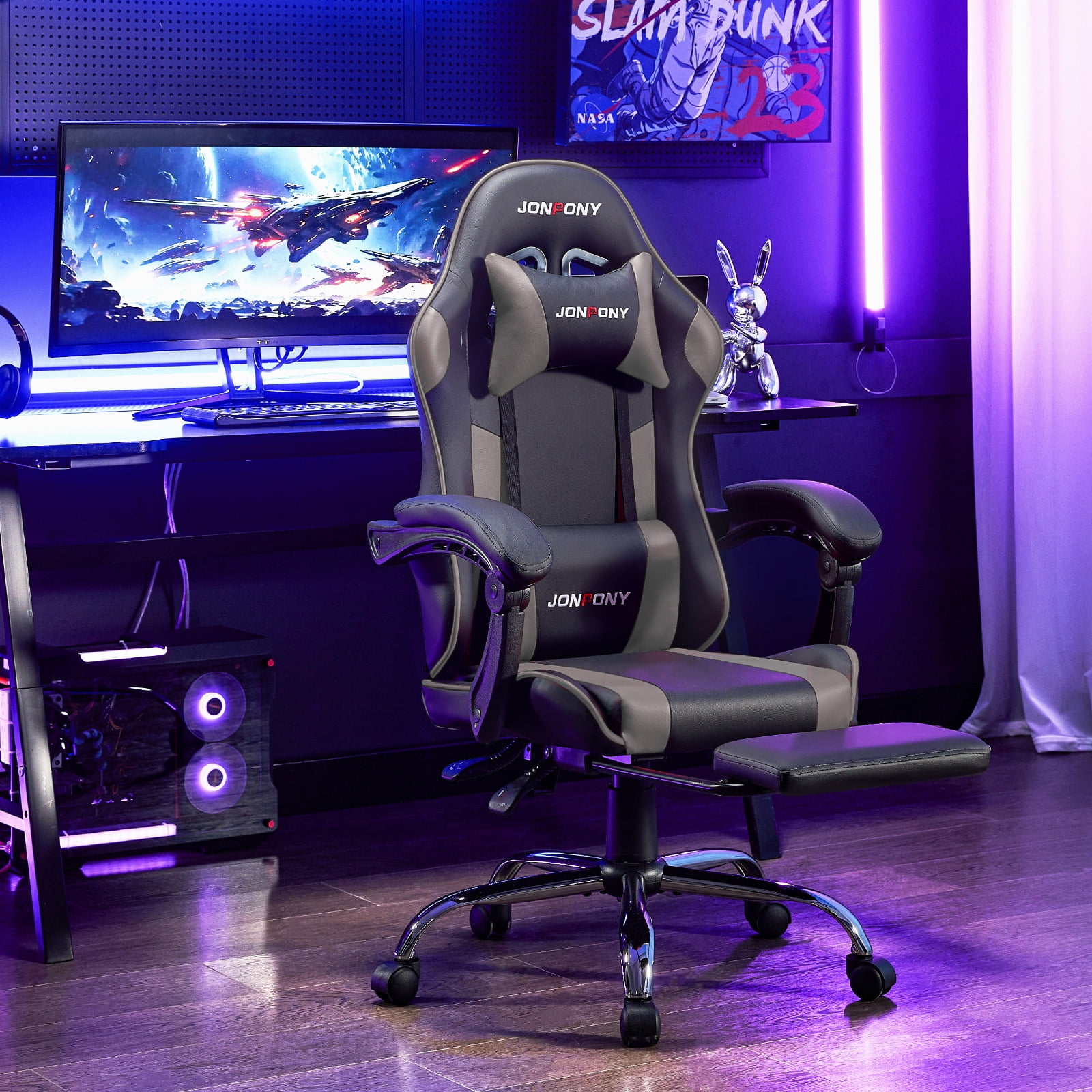 thumbnail video image 2 of JONPONY Ergonomic Big & Tall Gaming Chair, High Back Office Chair with Adjustable 360° Swivel, Footrest, Headrest & Lumbar Support for 8 Hours Comfort, PU Leather, Black, 2 of 8