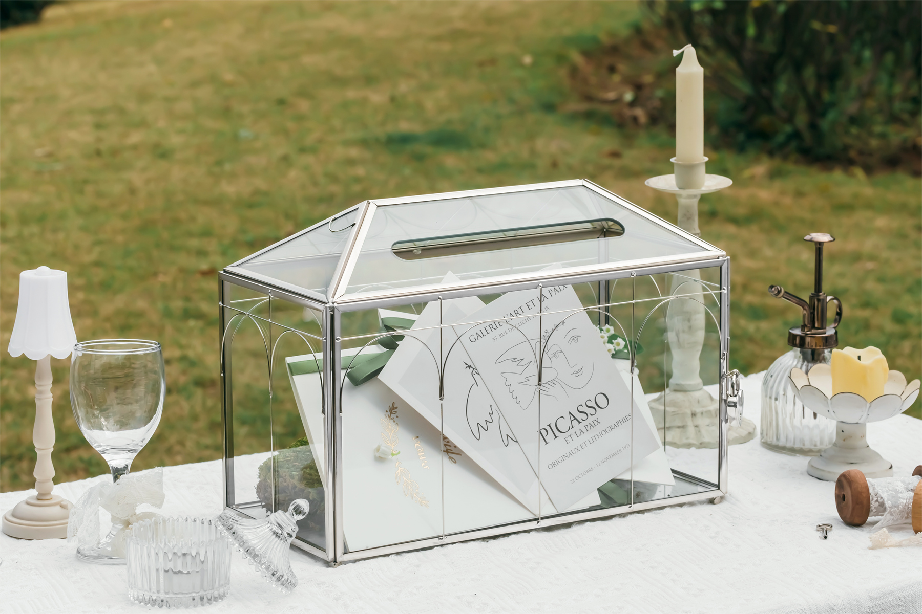thumbnail video image 2 of NCYP Silver Glass Wedding Card Box with Slot and Lock, 12.6 x 5.9 x 9 Inches, 2 of 9