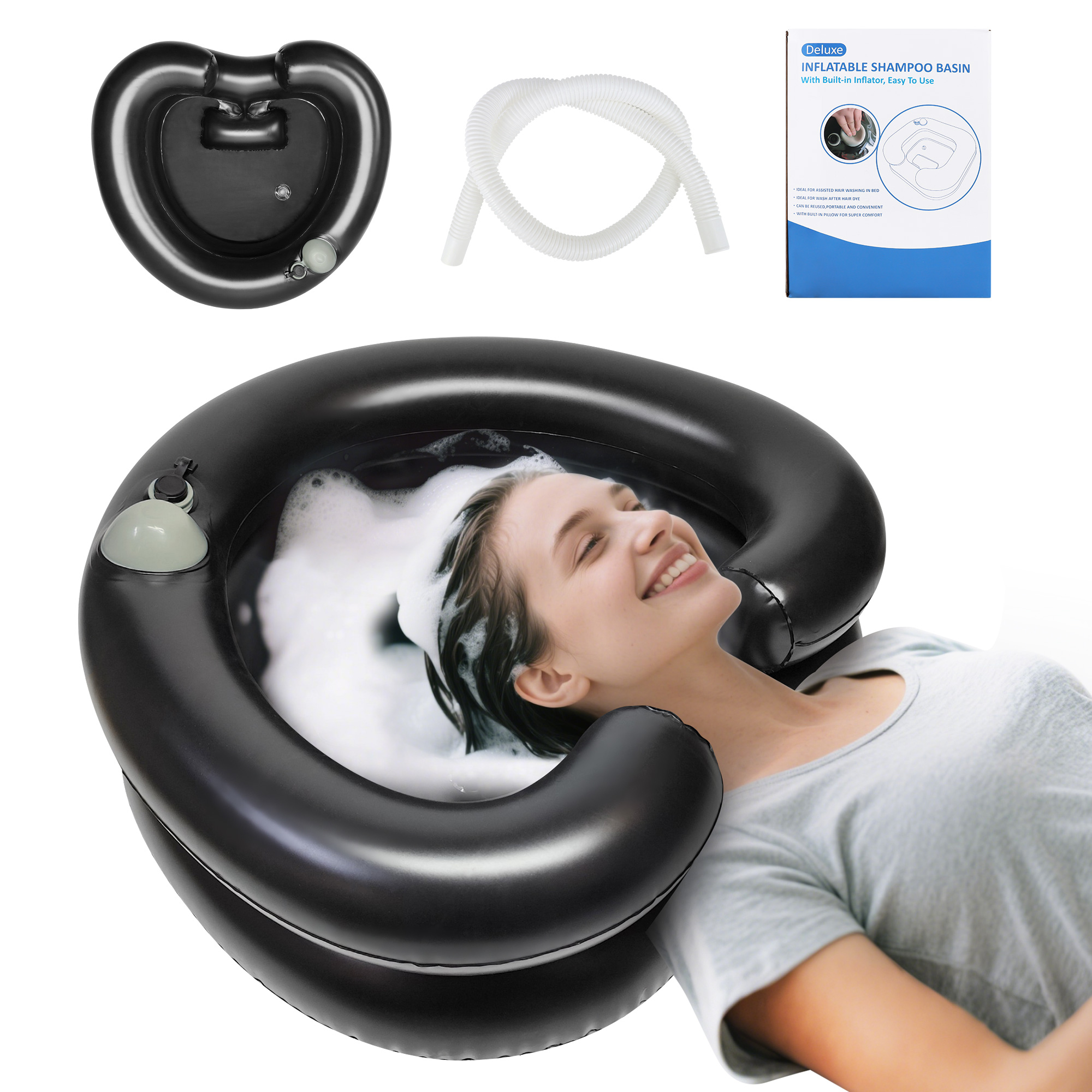 thumbnail video image 2 of Antom Inflatable Hair Washing Basin with Built-In Air Valve - Portable Shampoo Basin for Bedridden, Elderly, & Post-Surgery Care (Black), 2 of 8