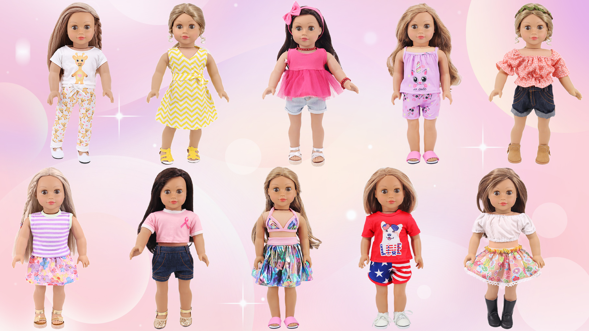 thumbnail video image 2 of K.T. Fancy 10 Sets American 18 Inch Doll Clothes and Accessories Include Doll Clothing Dress Swimsuits Fit for 18 inch Dolls (No Doll) Christmas Gift, 2 of 9