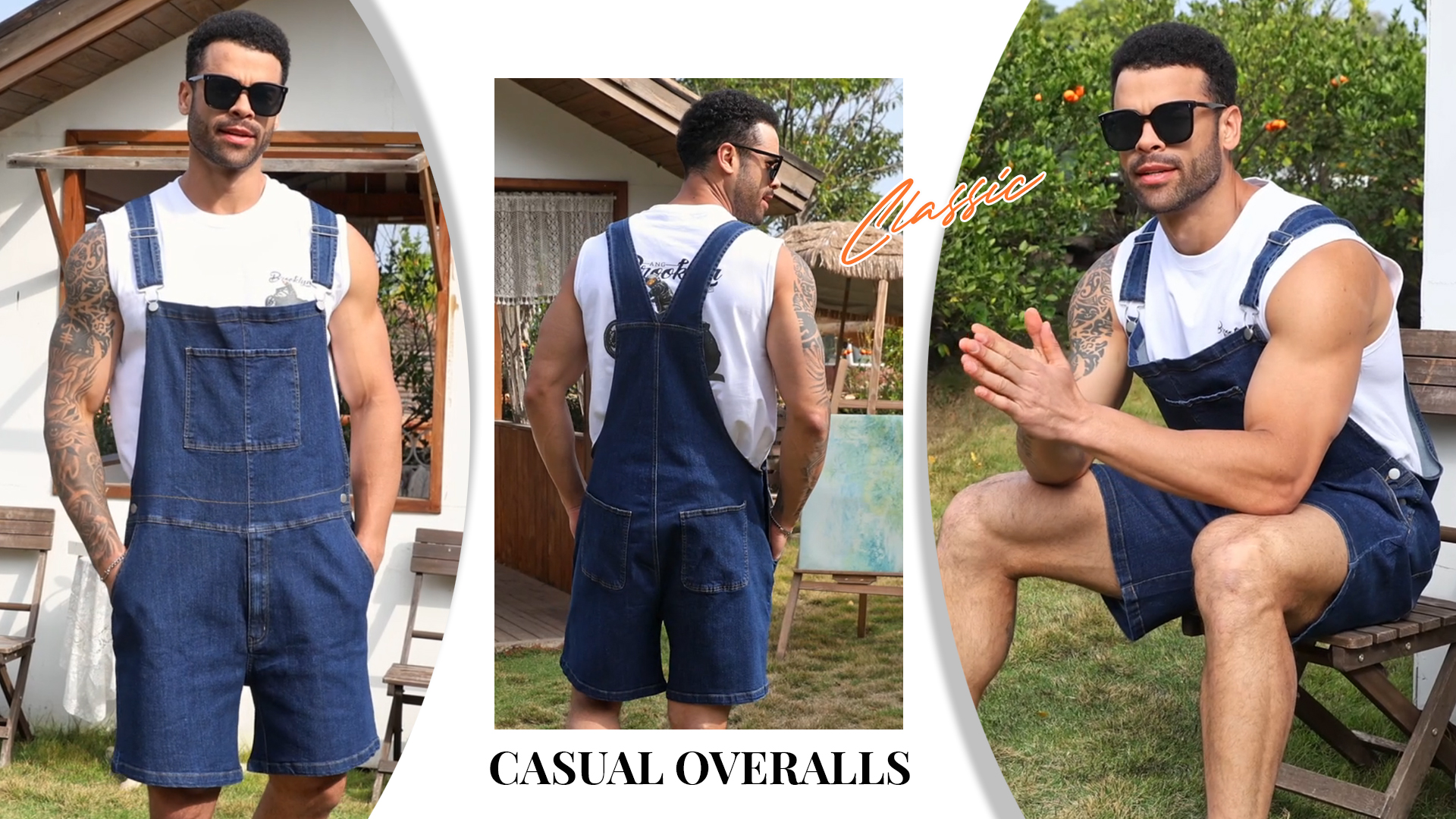 thumbnail video image 2 of Denim Overalls for Men Jean Shorts Jumpsuit Work Bibs Coveralls with Zipper(Dark Blue,2XL), 2 of 10