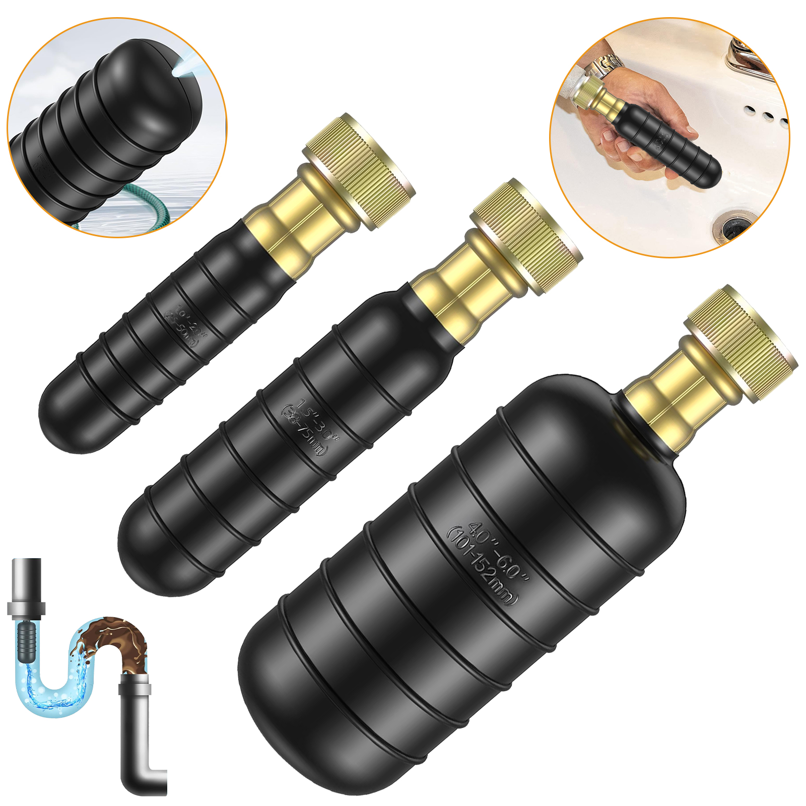 thumbnail video image 2 of EEEkit 3pcs Rubber Drain Bladder Cleaning Kit, Water-Powered Pipe Unclogger for  1 to 6 in Pipes, Bathroom, Kitchen and Sewer Lines, 2 of 9