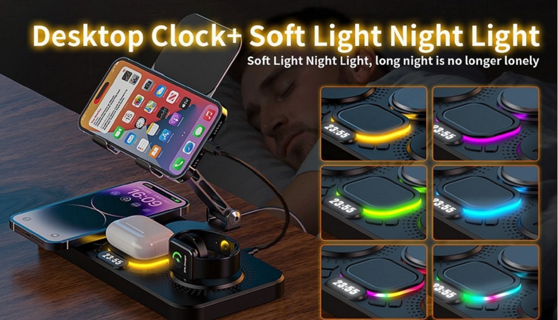 thumbnail video image 2 of Tancola 45W 6 in 1 Foldable Wireless  Charging Station with Clock & Light for  Iphone, Ipad ,iWatch,Airpod or tablet, 2 of 8