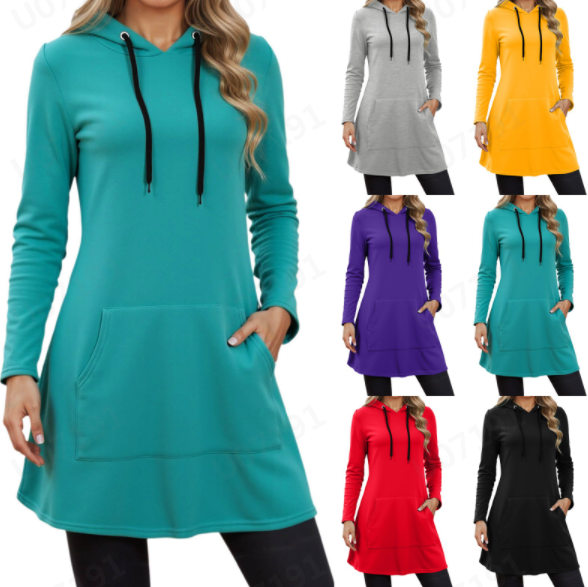 thumbnail video image 2 of GPOECD Womens 2025 Fall Winter Oversize Mid Long Casual Solid Color Hooded Sweatshirt With Pocket Cozy Pullover Comfortable Wear Relaxed Fit Top Z9082-Yellow,S, 2 of 8