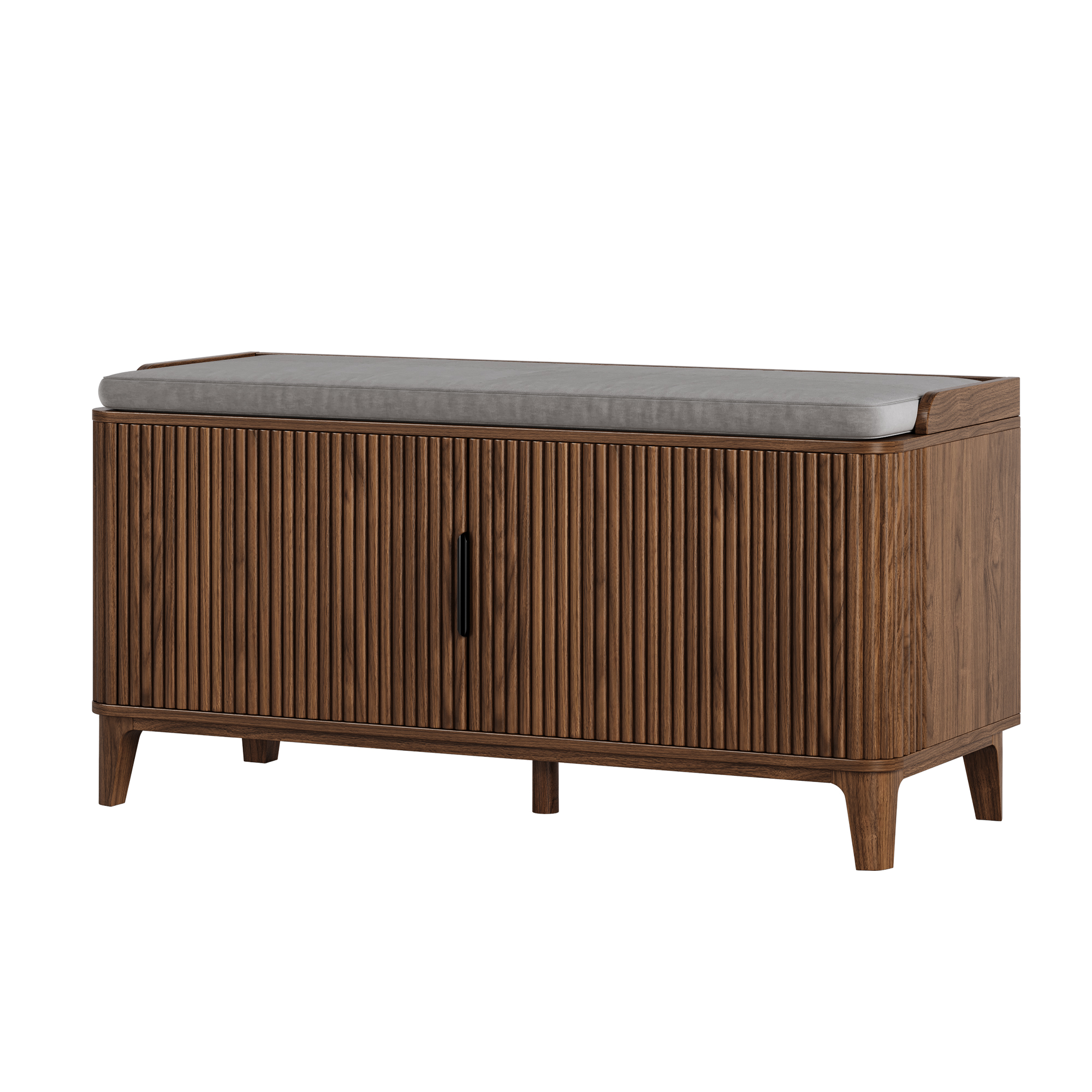 thumbnail video image 2 of UGTOO Walnut Entryway Bench with Storage & Cushioned Seat Adjustable Shelves, 5 Sturdy Legs, Easy Assembly for Hallway/Closet (39.3"L x 21"H), 2 of 11