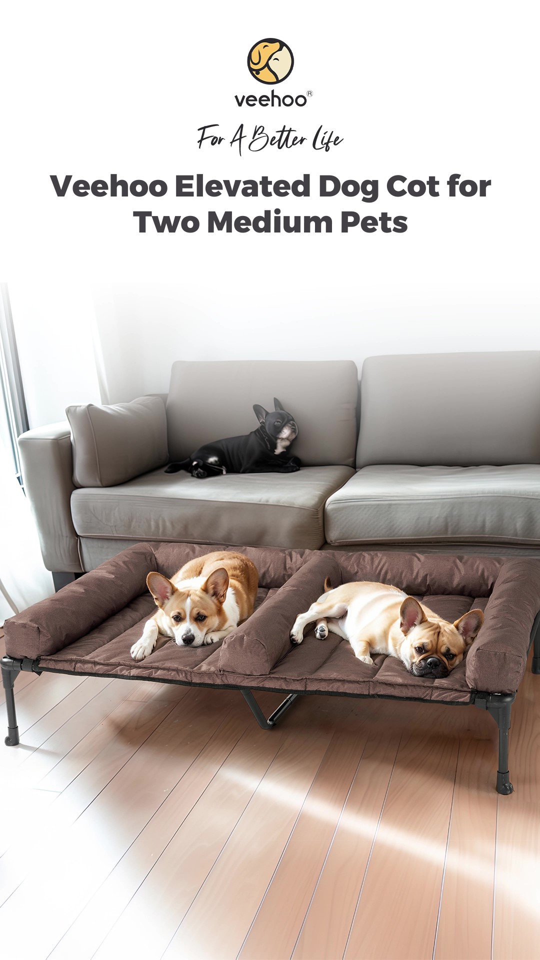 thumbnail video image 2 of Veehoo Cooling Raised Dog Bed + Removable Double Dog Bed Cushion, 59" x 37.5", Brown, 2 of 7
