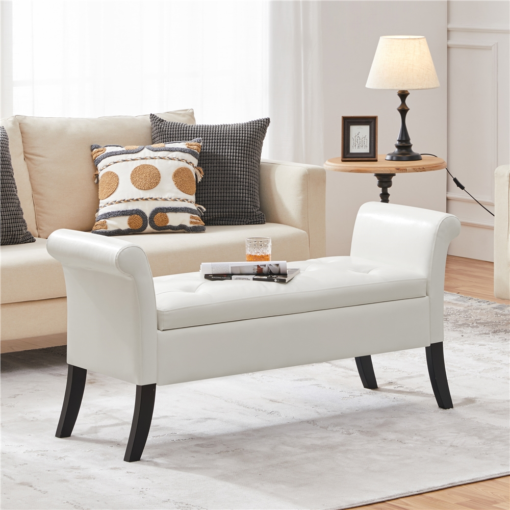 thumbnail video image 2 of Topeakmart Multifunctional Faux Leather Storage Bench with Rolled Armrests, White, 2 of 11