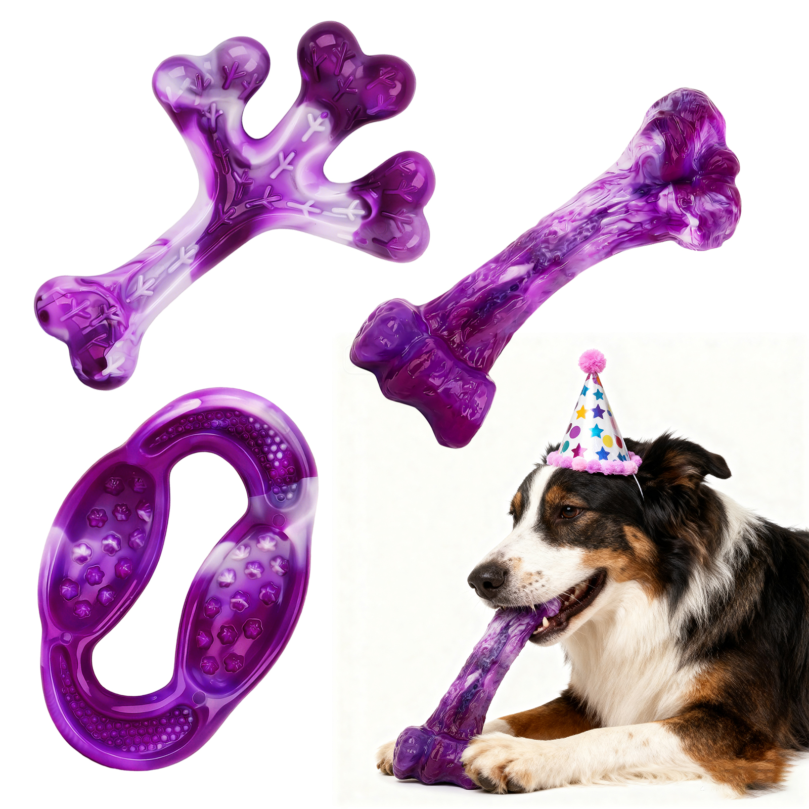 thumbnail video image 2 of Aelflane 3 Pack Dog Toys for Aggressive Chewers,Meat Flavors (Bacon/Beef/Smoked) Dog Chew Toy, Extra Durable Rubber Bones for Aggressive Chewers,Indestructible Dog Toys to Keeps Dogs Busy, 2 of 8