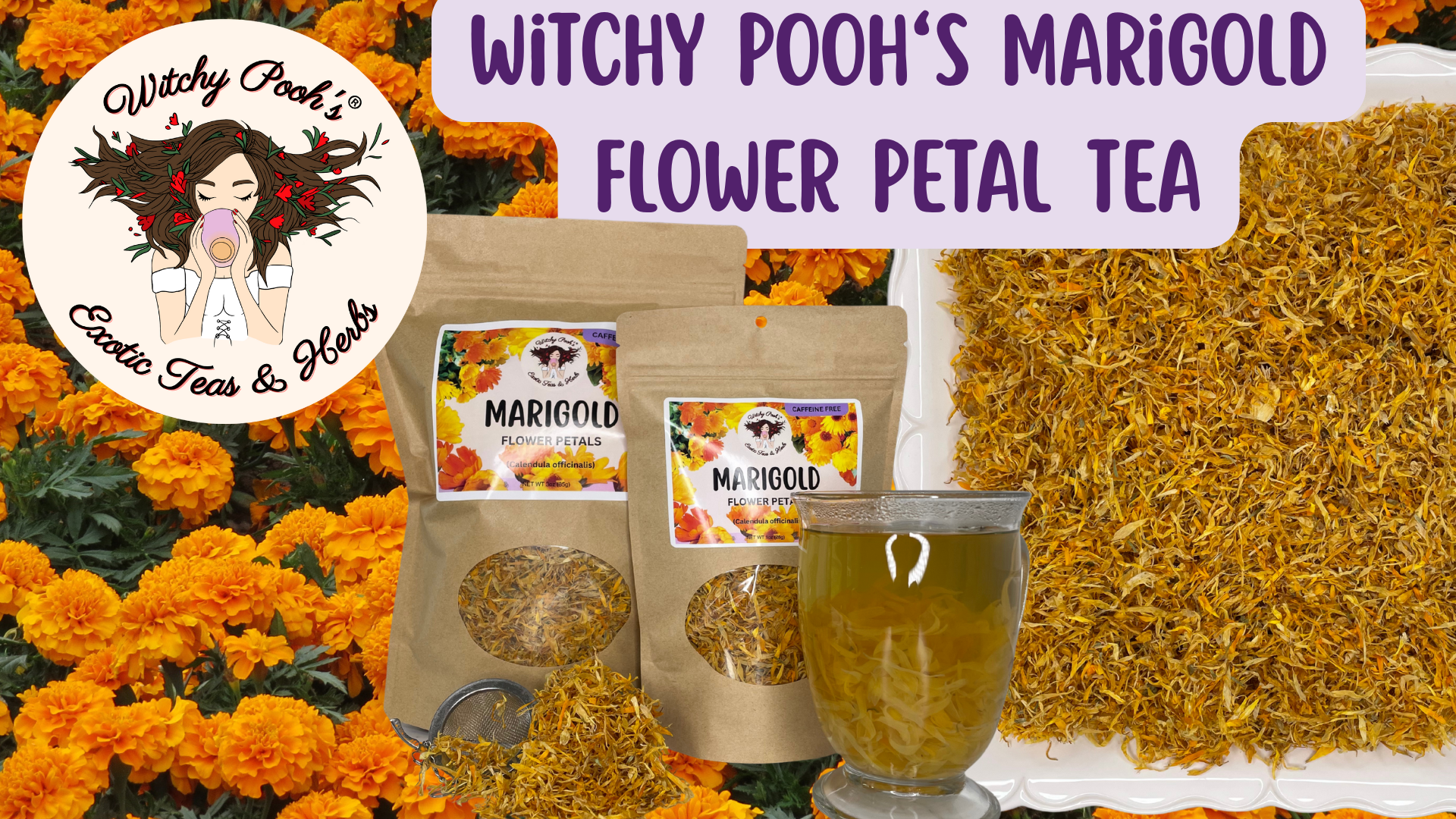 thumbnail video image 2 of Witchy Pooh's Marigold Loose Leaf Herbal Tea, Calendula Flower Petals, Caffeine Free, 3 Oz Pouch, 2 of 6