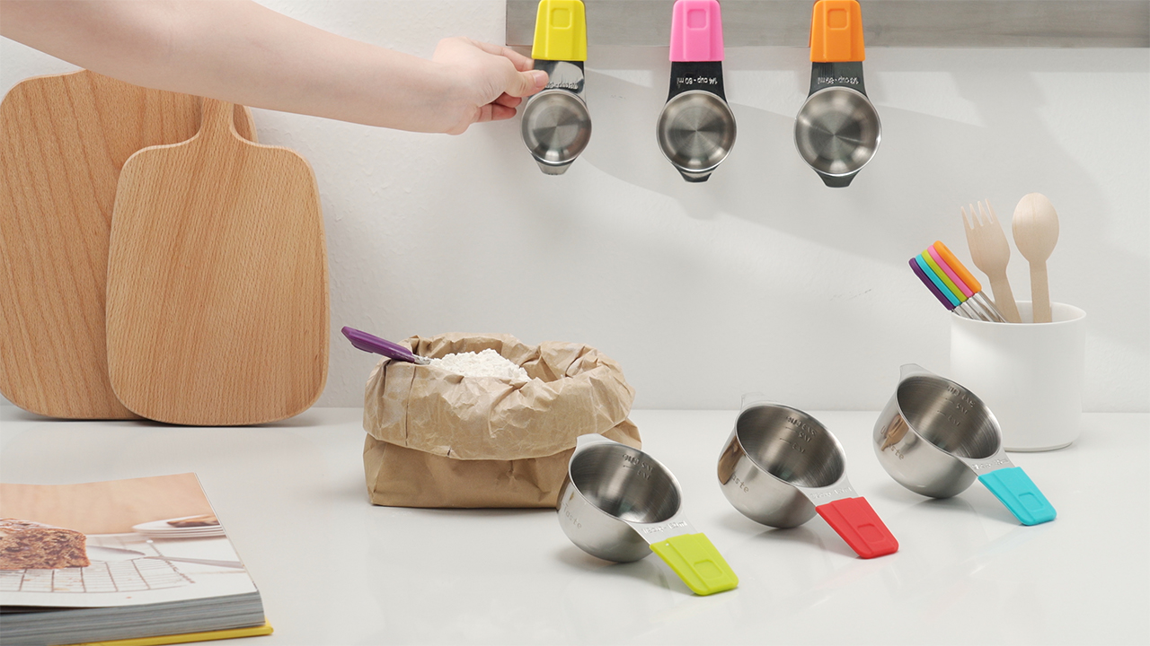 thumbnail video image 2 of U-Taste 18/8 Stainless Steel Magnetic Measuring Cups and Spoons Set: 13-Piece Metal Stacking Kitchen Measure Set for Baking Cooking (Multicolor), 2 of 10