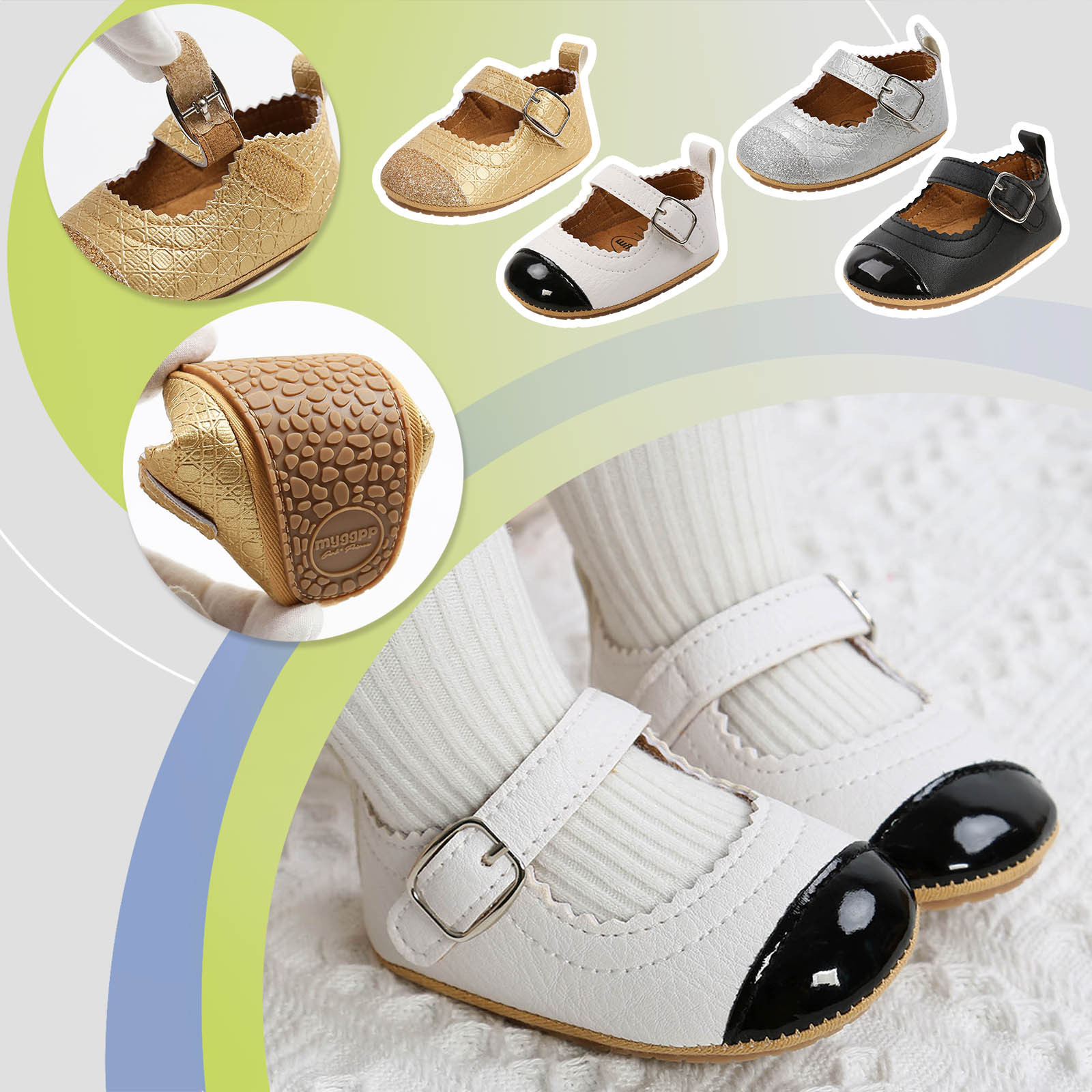 thumbnail video image 2 of WREESH Baby and Toddler Girls' Cap Toe Mary Jane Flats: Soft Sole Dress Shoes for Infants, Crib and Newborn Princess Sandals Silver, 2 of 7