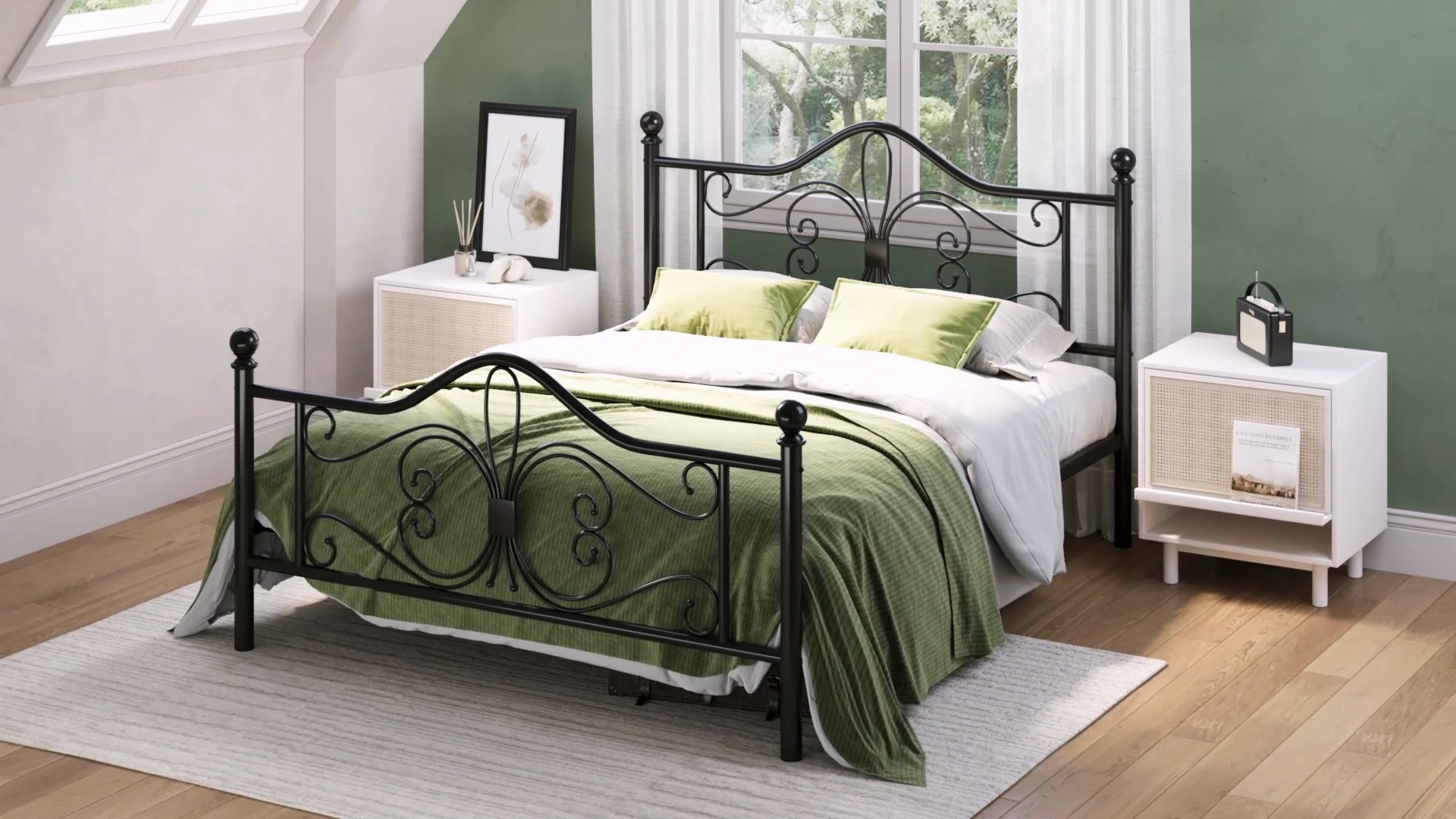 thumbnail video image 2 of Amolife Twin Size Metal Platform Bed Frame With Vintage Butterfly Pattern Headboard&Footboard, White, 2 of 8