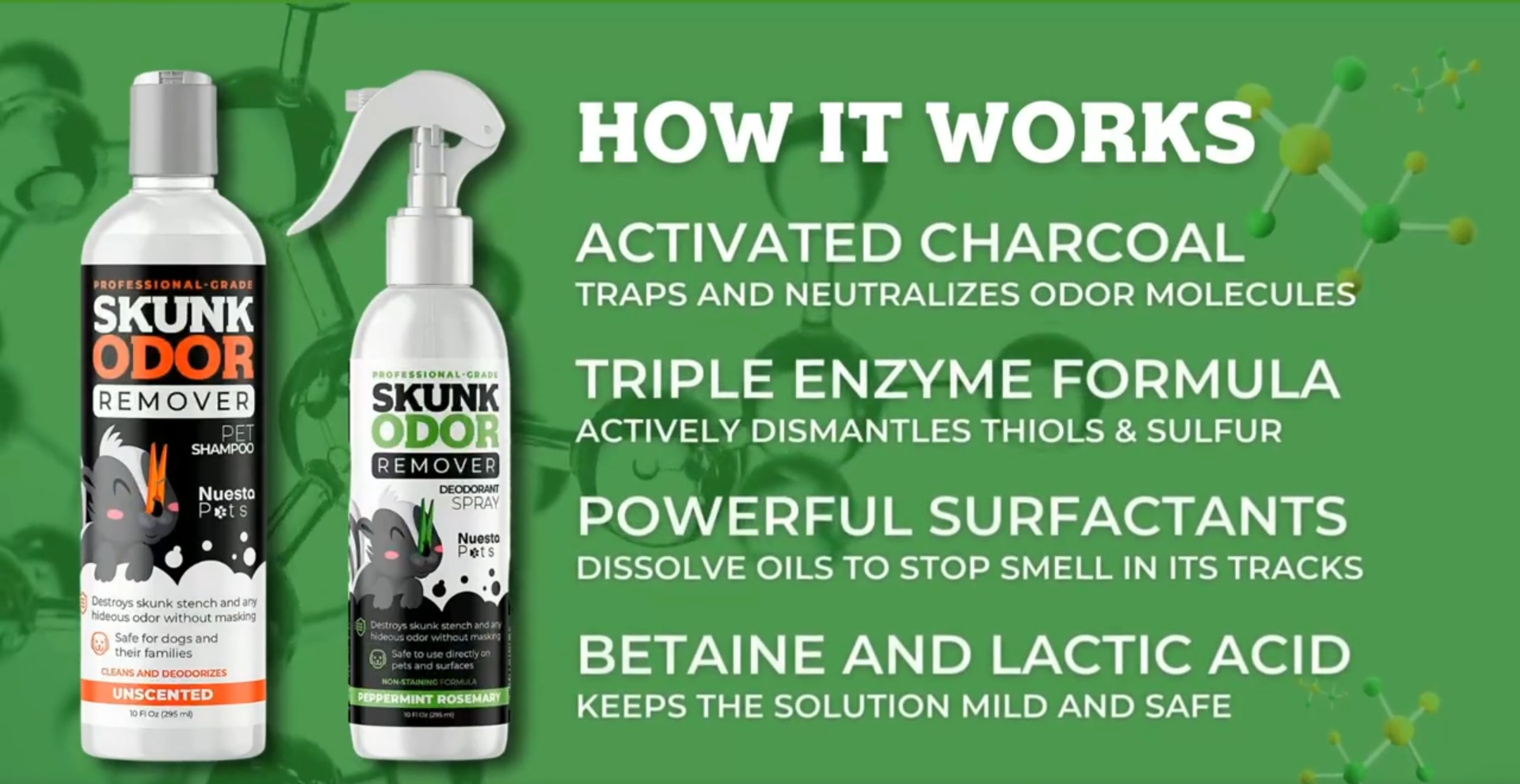 thumbnail video image 2 of Nuesta Skunk Odor Remover for Dogs & Cats with Activated Charcoal, Dual-Action Shampoo & Spray, Skunk Shampoo & Spray Smell Eliminator, 10 fl oz, 2 of 10