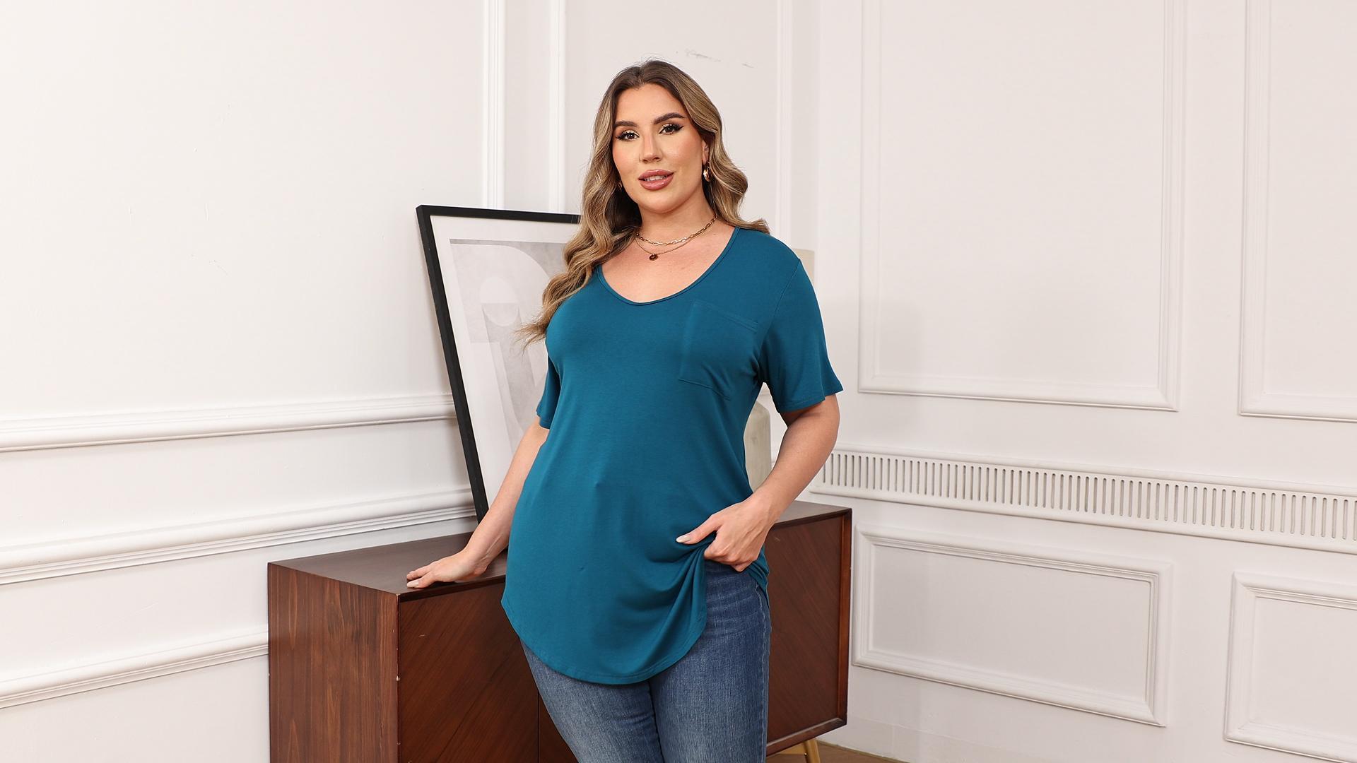 thumbnail video image 2 of Gocolloa Womens Plus Size Tops Summer Basic Short Sleeve T-shirts Dressy Casual Loose Top Tee Dark Blue 3X, 2 of 6