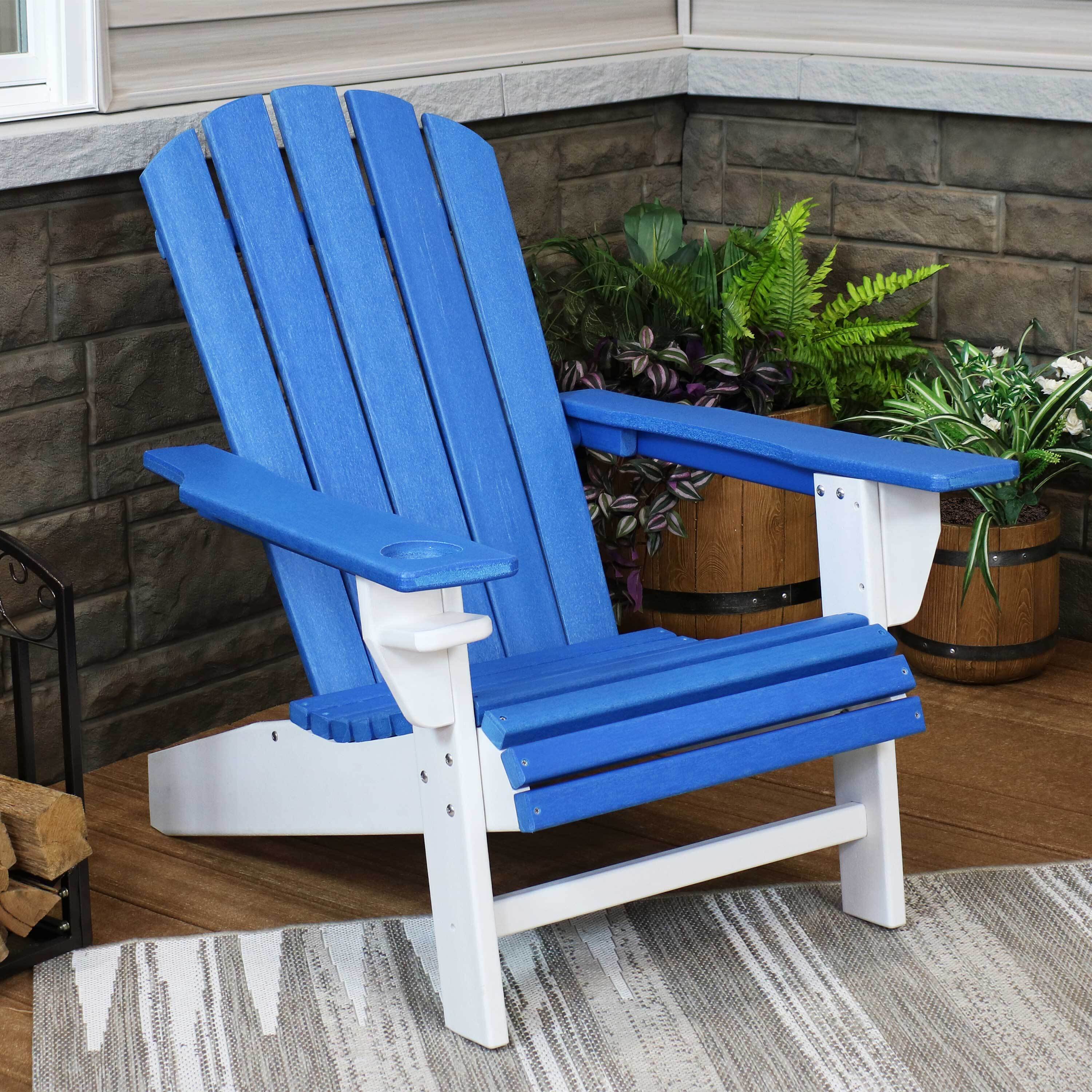 thumbnail video image 2 of Sunnydaze HDPE Adirondack Chair with Drink Holder - Blue/White, 2 of 9