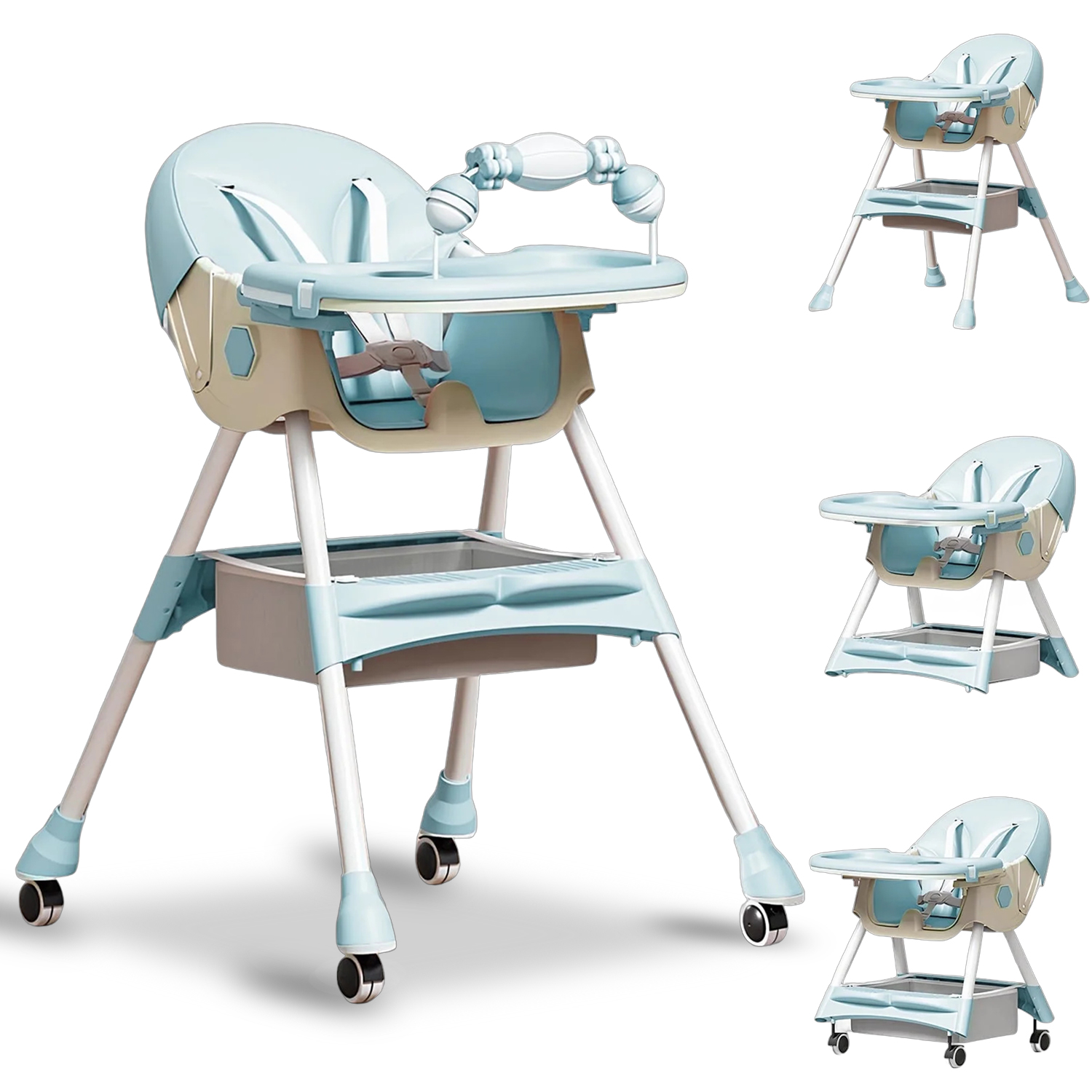 thumbnail video image 2 of HDUTNGISN 4-in-1 Baby High Chair,Foldable Highchair Dining Feeding Chair with Five-Point Harness Double Dining Plate & Toy Rack,Infant to Toddler,Green, 2 of 9