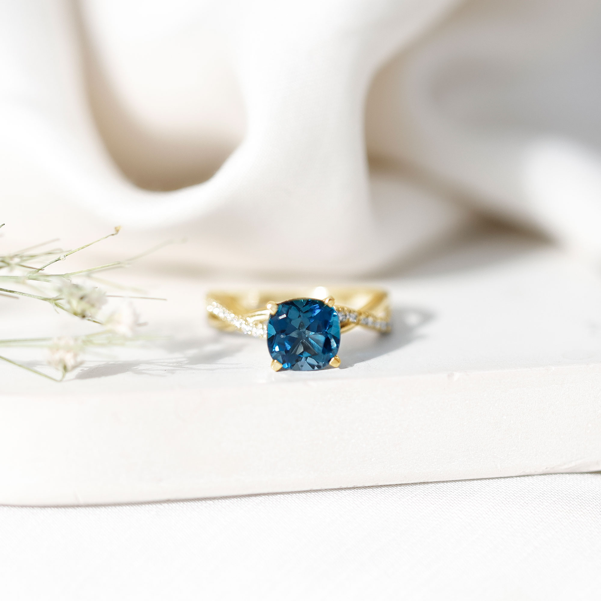 thumbnail video image 2 of Rosec Jewels Crossover Shank Engagement Ring with London Blue Topaz and Diamond, 10K Yellow Gold, US 7.50, 2 of 8