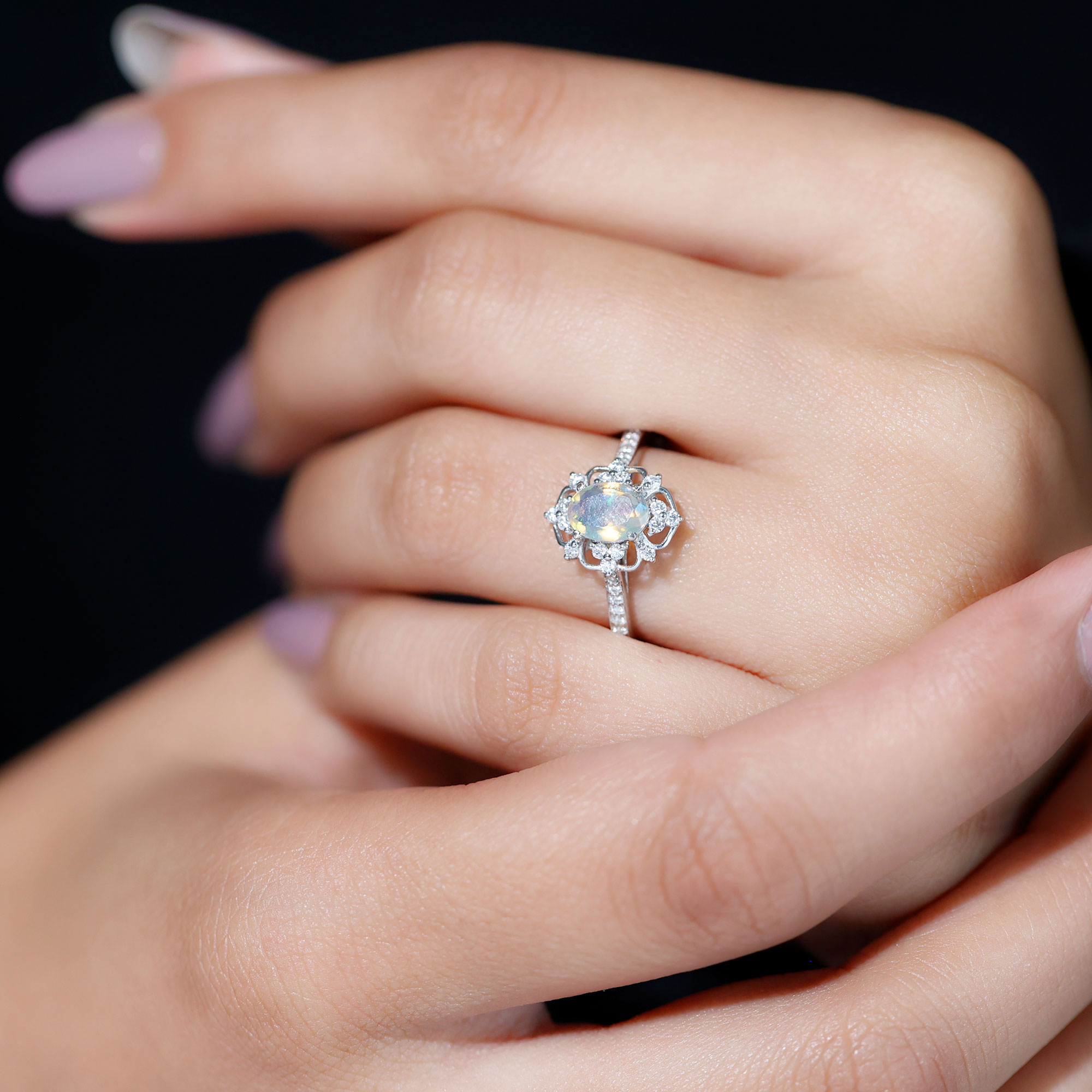 thumbnail video image 2 of Rosec Jewels Real Ethiopian Opal Oval Engagement Ring 1 Carat - AAA Grade - Vintage Inspired Opal Diamond Ring - with Jewelry Box, 10K Yellow Gold, US 4.00, 2 of 9