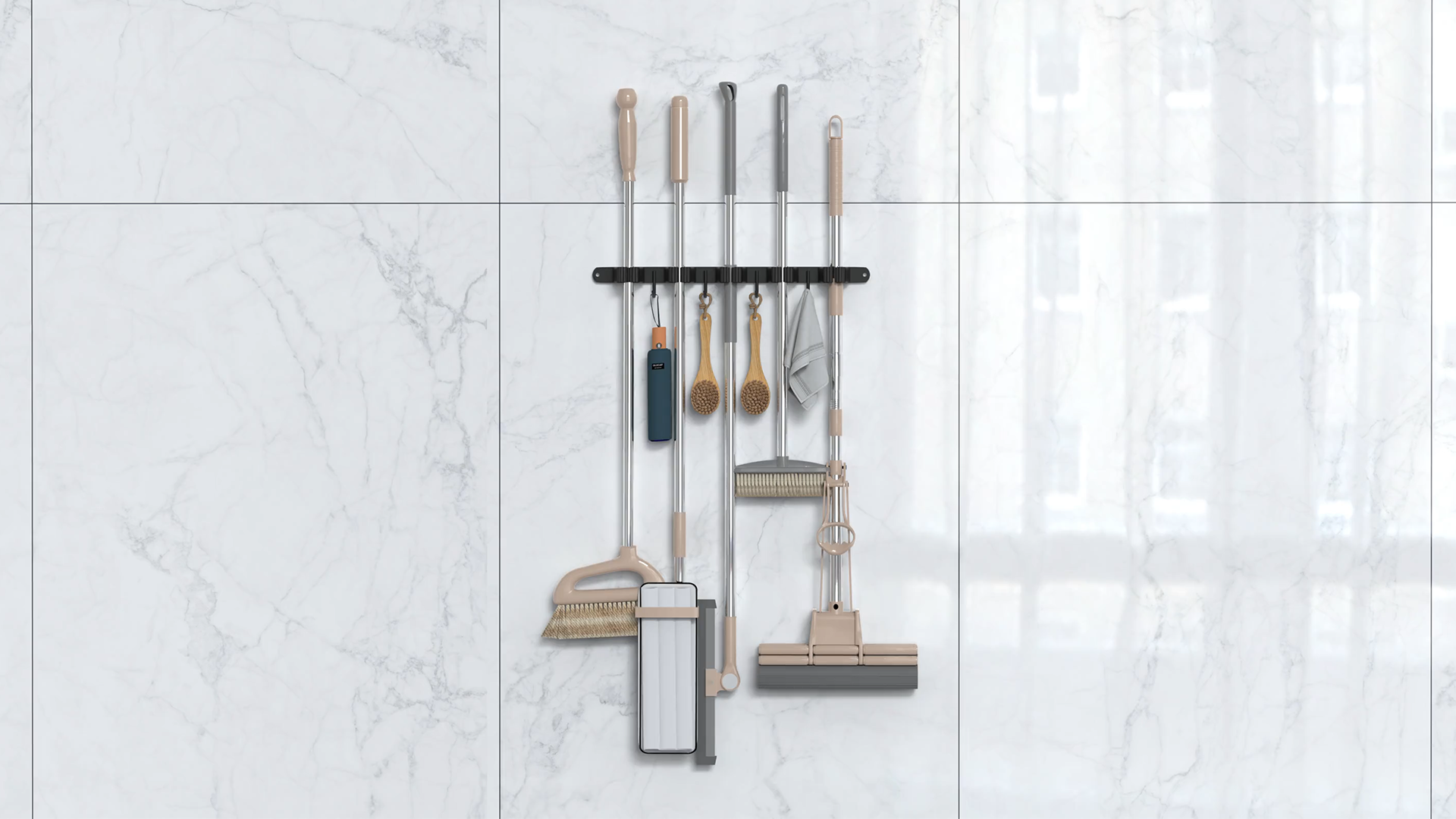 thumbnail video image 2 of Mop and Broom Holder Wall Mount with 5 Racks and 4 Hooks, Heavy Duty Self-Adhesive Organizer for Kitchen, Laundry, Garage, Garden Storage, Black – Includes 2 Extra Hooks, 2 of 9