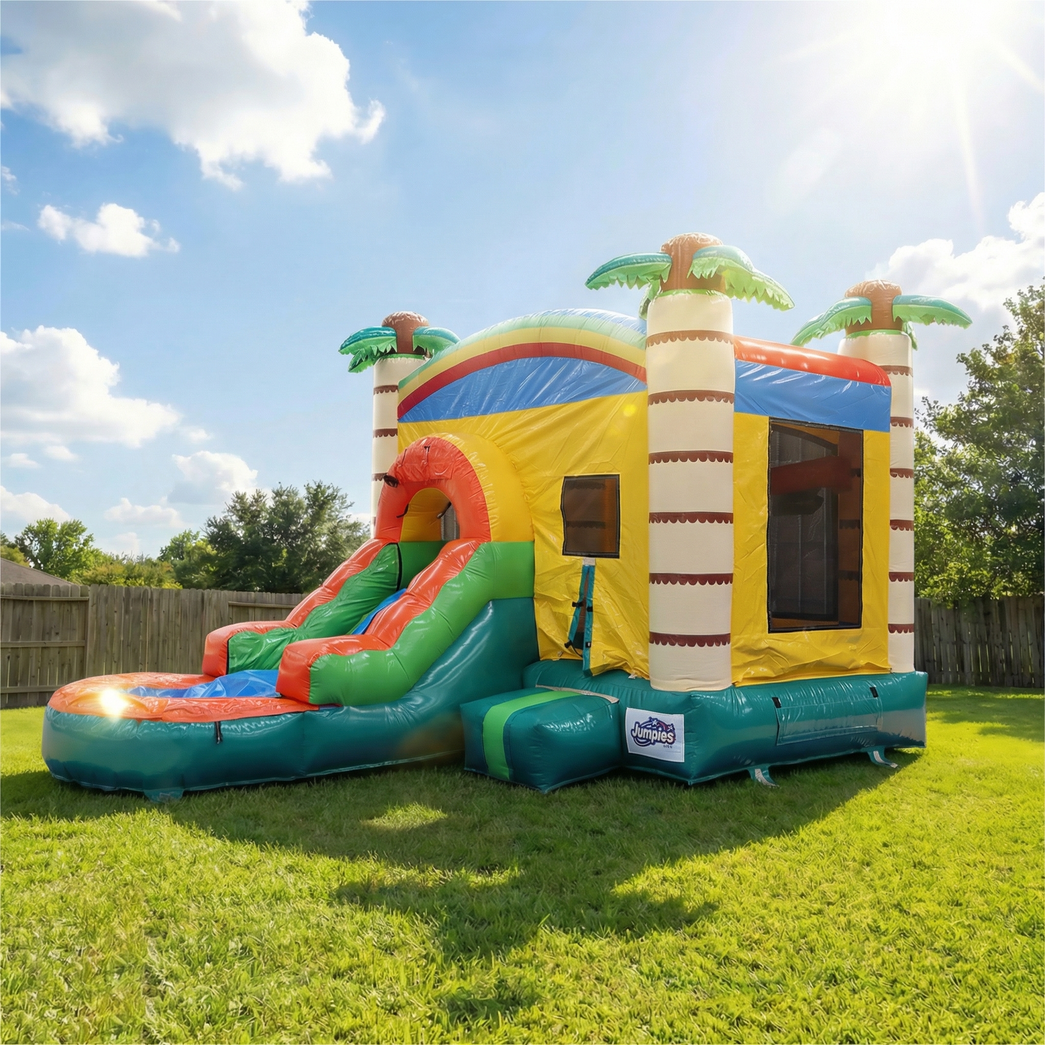 thumbnail video image 2 of Rayocon Inflatable Bounce House Outdoor Water Slide for Kids Adult,17 x 11.7 x 10.7 ft,Splash Pool,Blower,Basketball Hoop for Backyard, 2 of 12