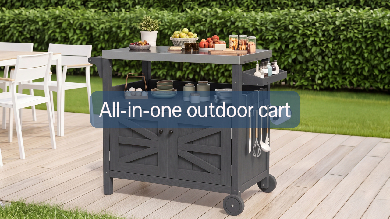 thumbnail video image 2 of FUNDAZE HDPE Outdoor Grill Cart with Storage, Kitchen Island on Wheels, BBQ Prep Table with Stainless Steel Top, Movable Serving Counter for Garden, Poolside, Backyard, Gray, 2 of 9