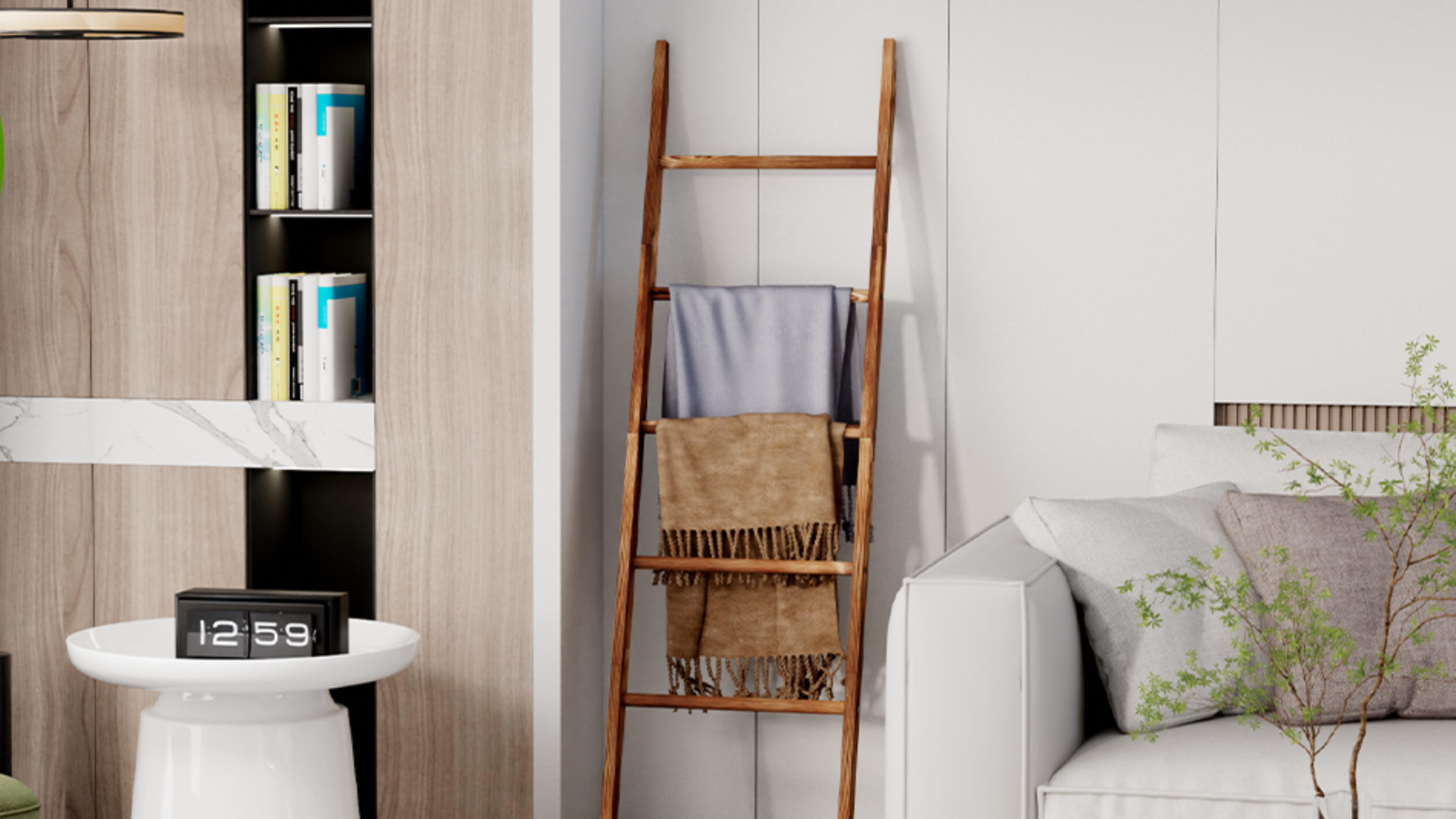 thumbnail video image 2 of Blanket Ladder for The Living Room and Bedroom, 5-Tier Wall Leaning Rustic Decorative Farmhouse Blanket Rack, Quilt Rack, Ladder Shelf, Easy Assembly, Brown, 2 of 8