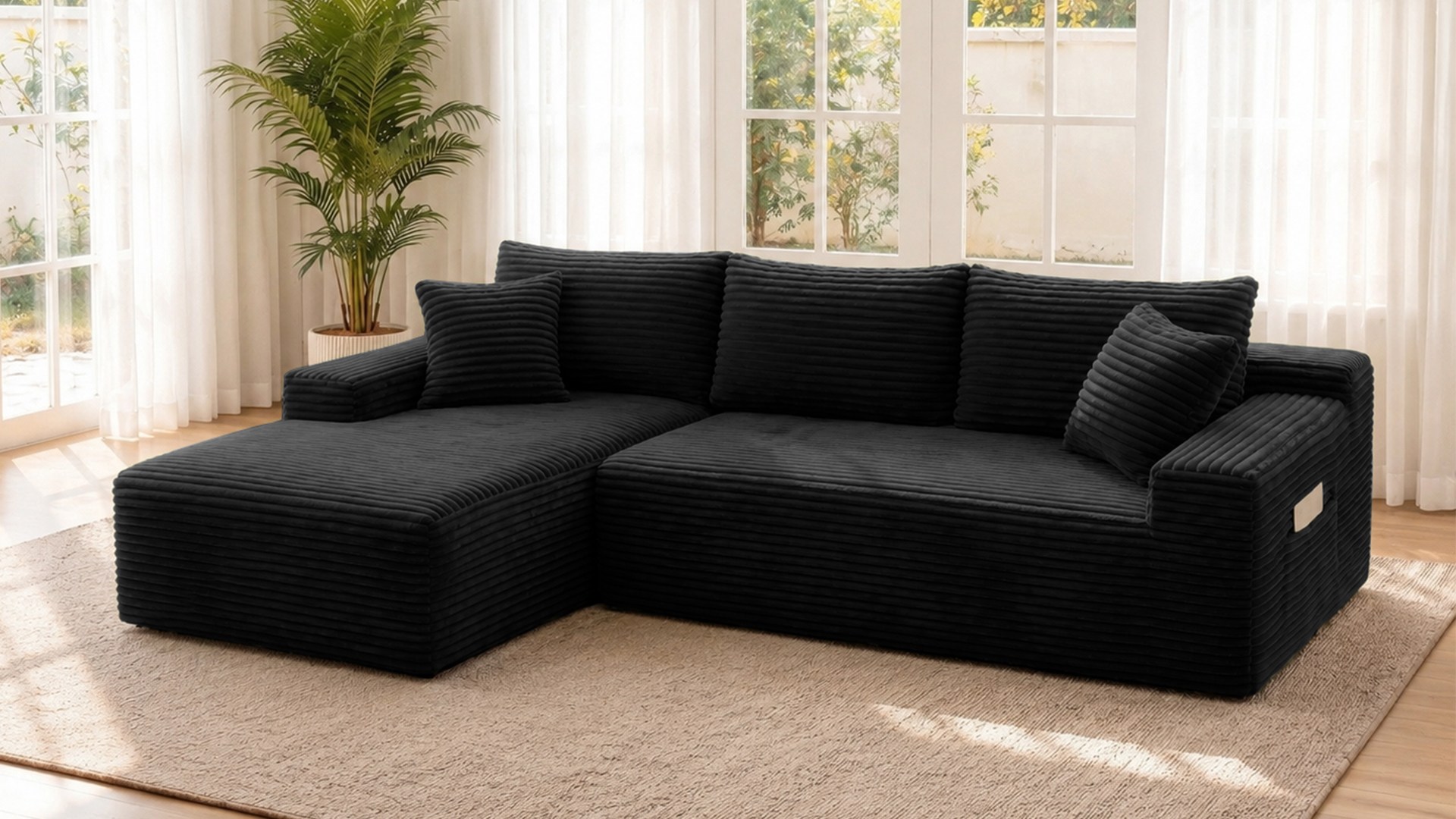 thumbnail video image 2 of 95" Boneless L-Shaped Sectional Sofa with Left Facing Chaise, Deep Seat Corduroy Couch for Living Room, Compressed Sofa in a Box, No Assembly Required, Black, 2 of 9
