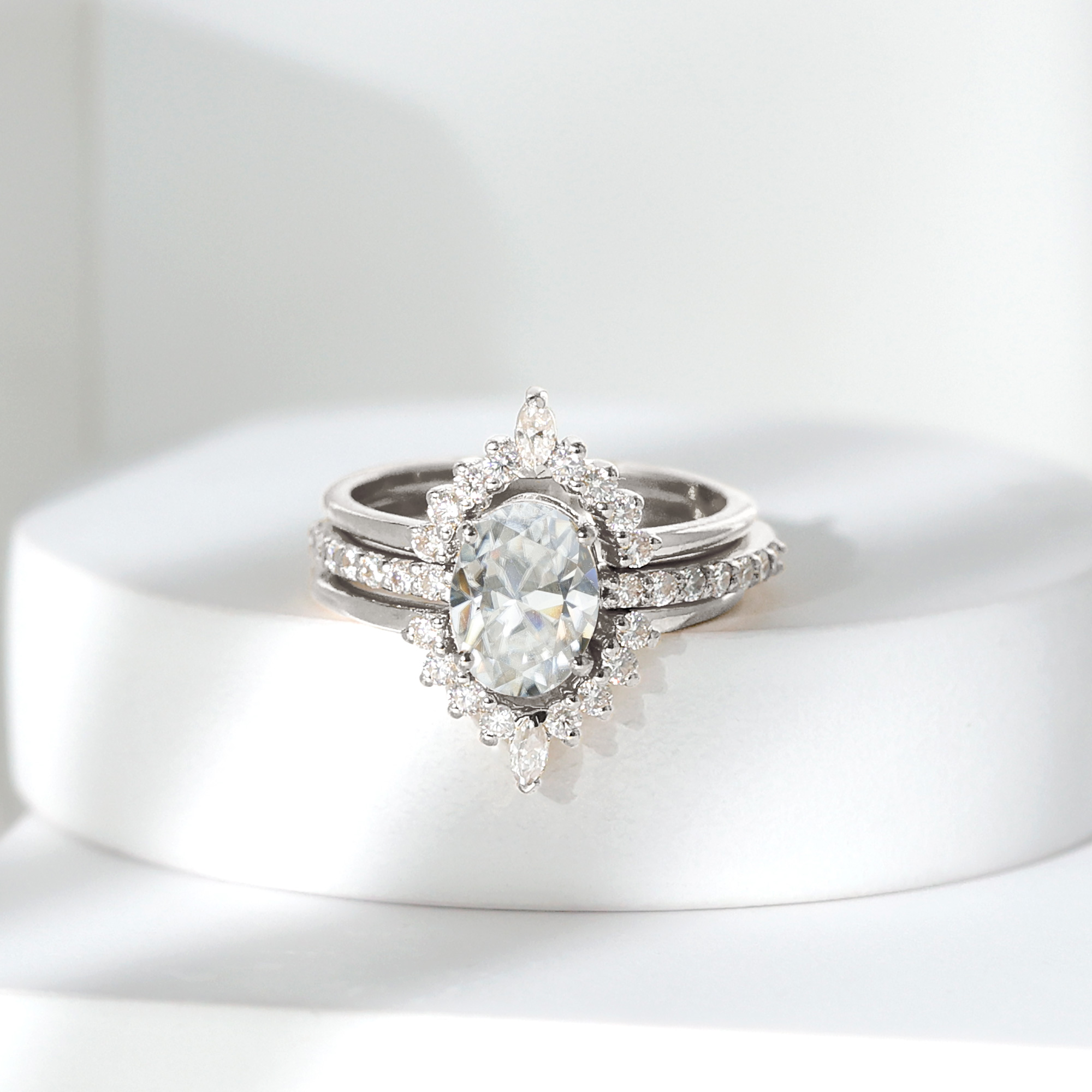 thumbnail video image 2 of Rosec Jewels Statement Moissanite Bridal Ring Set for Women - 6x8 mm - 1 Ct - D-VS1 Quality, 925 Sterling Silver, US 4.00, 2 of 9