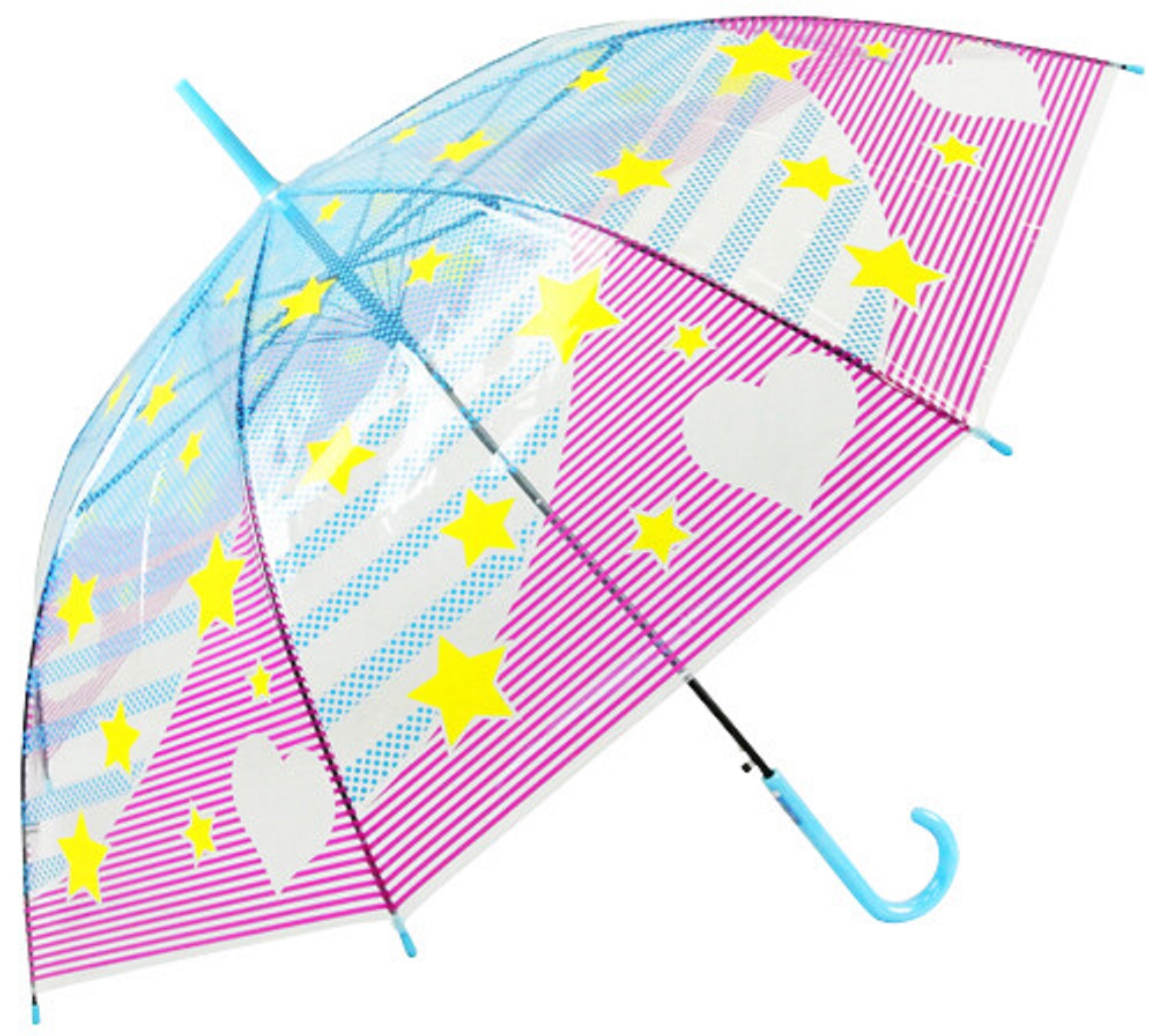 thumbnail video image 2 of Cute Modern Stars & Hearts Dome Shaped Clear Vinyl Stick Jump Start Umbrella.58cm, 2 of 4