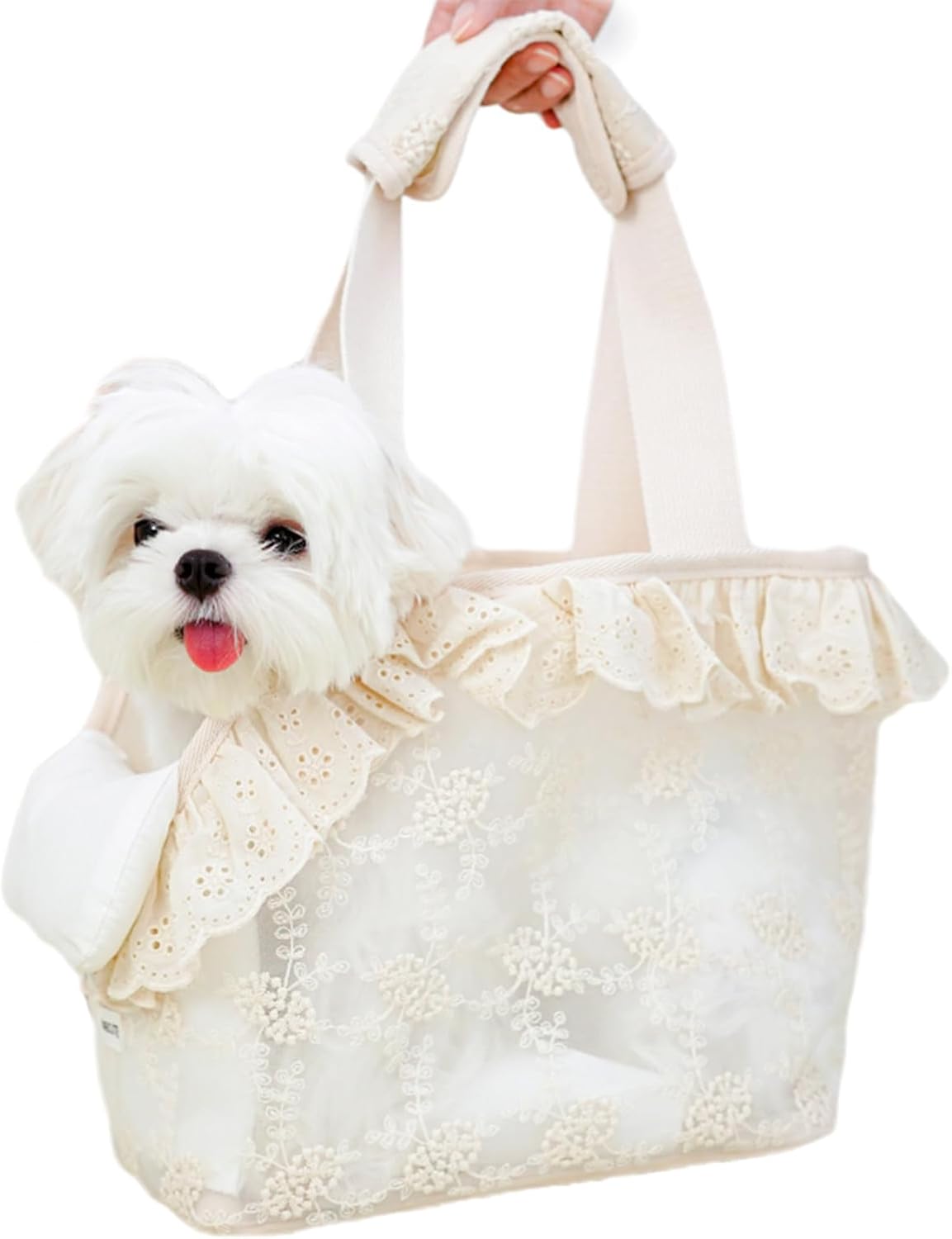 thumbnail video image 2 of Newborn Dog Carrier for Small Dogs Rabbit cat with Lace Design, Cotton Bag, Dog Carrier Soft Sided, Collapsible Travel Puppy Carrier,Beige, 2 of 11