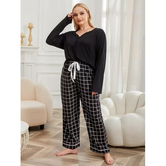 thumbnail video image 2 of ebukurty Plus Size Pajama Sets for Women 2 Piece Long Sleeved V-neck Black Plaid Lounge Sets, Sizes 1XL-4XL, 2 of 12