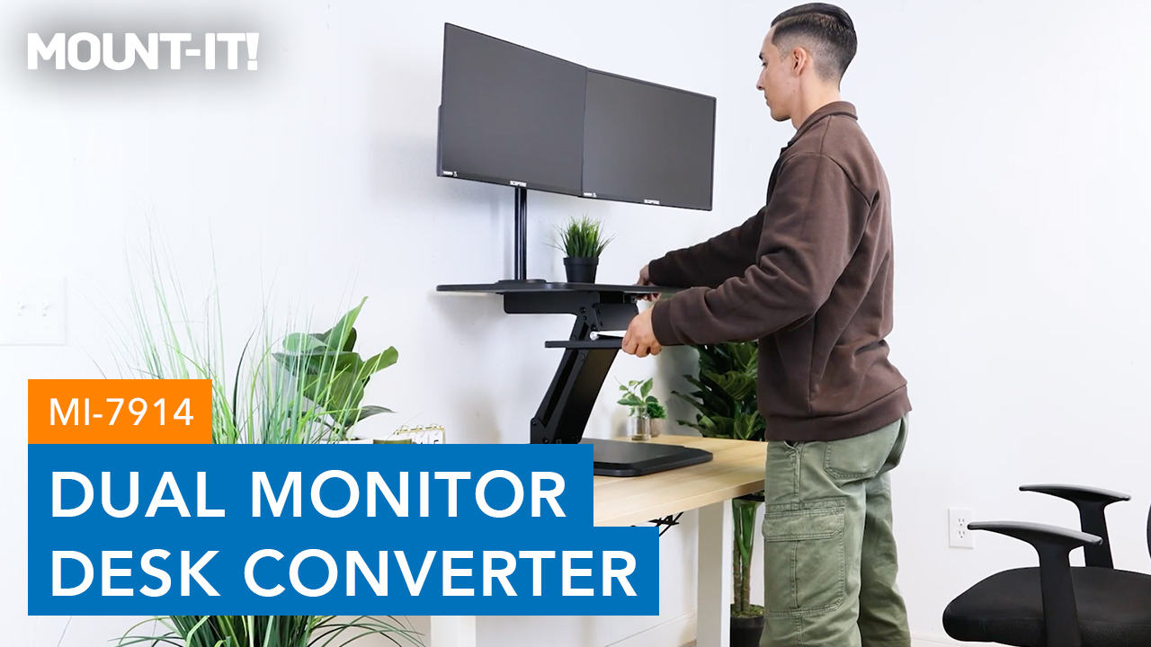 thumbnail video image 2 of Mount-It! Sit Stand Standing Desk Converter with Dual Monitor Mount Combo Black, 2 of 16