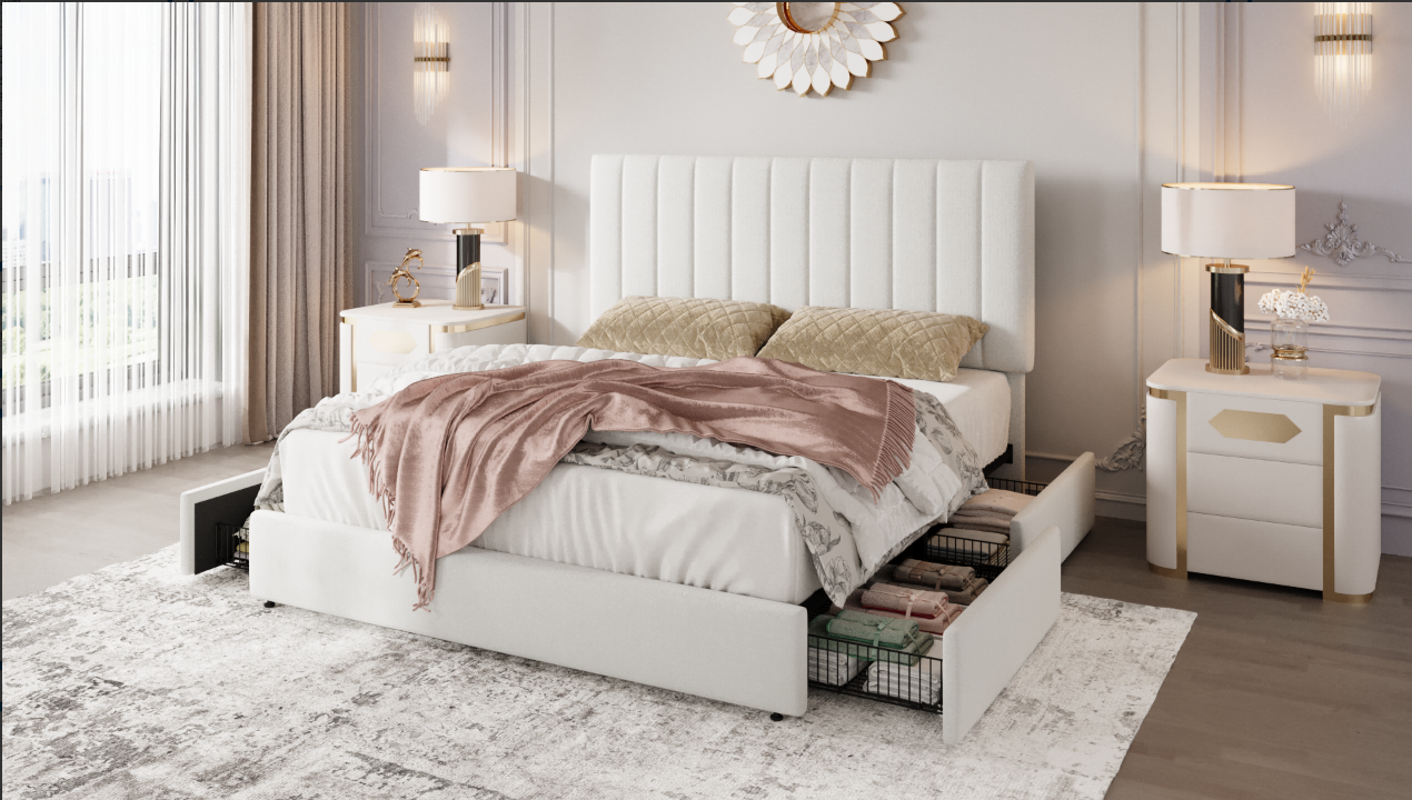 thumbnail video image 2 of Einfach Full Bed Frame with Adjustable Upholstered Velvet Headboard and 4 Storage Drawers, No Box Spring Required, Black, 2 of 12