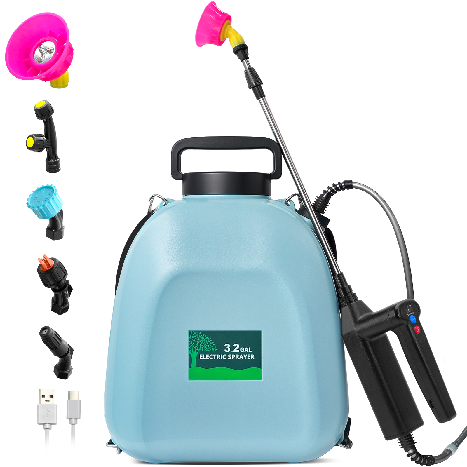 thumbnail video image 2 of 3.2 Gallon Battery Powered Backpack Sprayer, Electric Back Pack Sprayer with 41" Telescopic Wand, 3 Speeds & 5 Nozzles for Lawn, Weed Control, Pest Spraying, 2 of 9