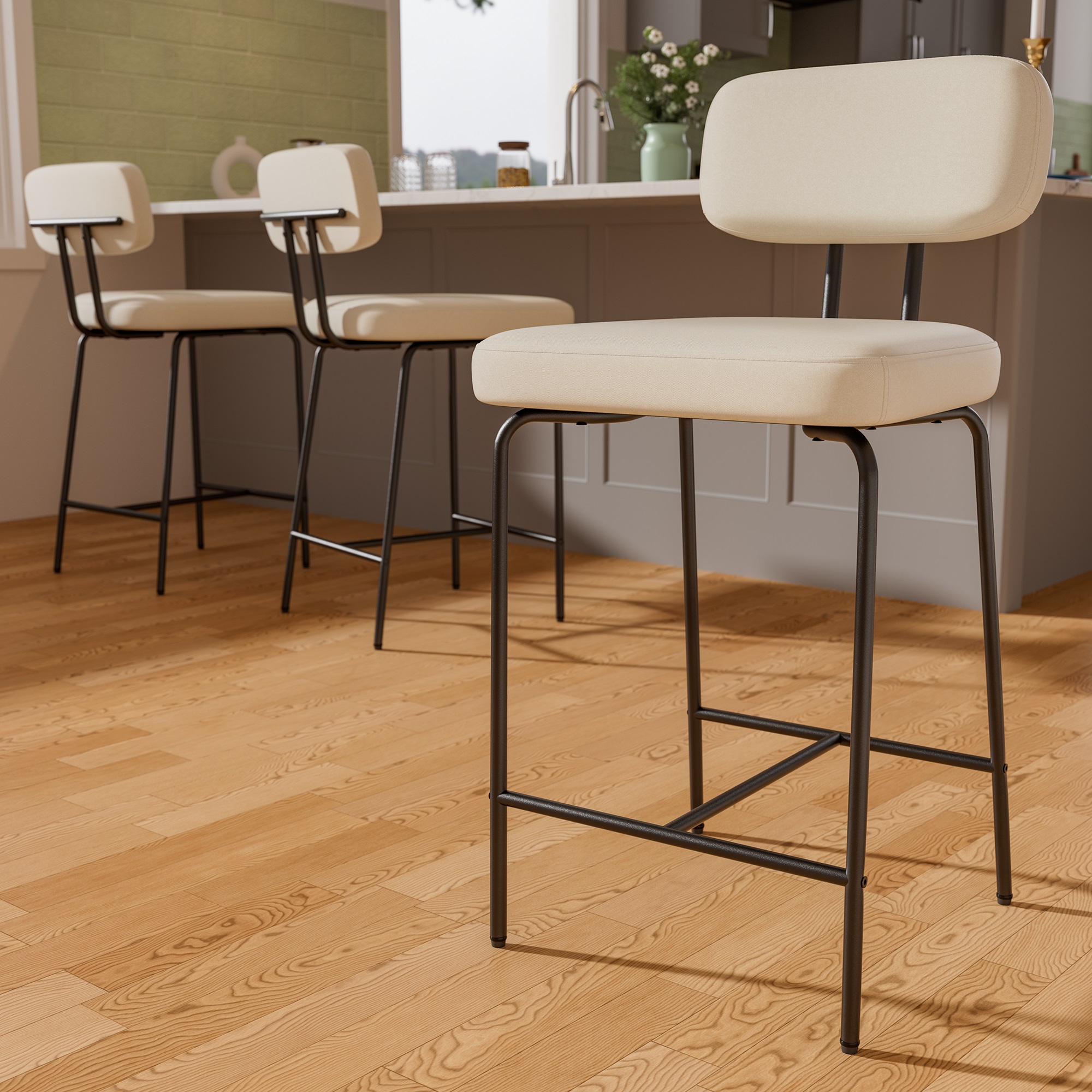 thumbnail video image 2 of Ninecer Counter Height Bar Stools Set of 3, 26" White Bar Stools with Back and Metal Legs, Fabric Kitchen Counter Stools with Footrest and Wide Seat, Bar Chairs for Kitchen Island, 2 of 8