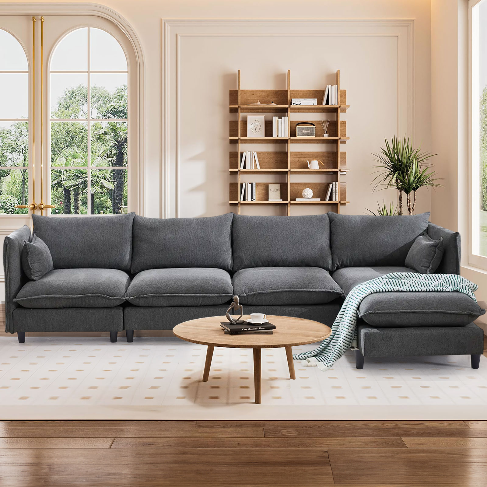 thumbnail video image 2 of JONPONY 126" Sectional Sofa for Living Room, L-Shaped Cloud Couch with 4 Oversized Seats Sleeper Sofa Set with Double Chaise,Wood Legs,Movable Ottoman for Living Room,Gray, 2 of 9