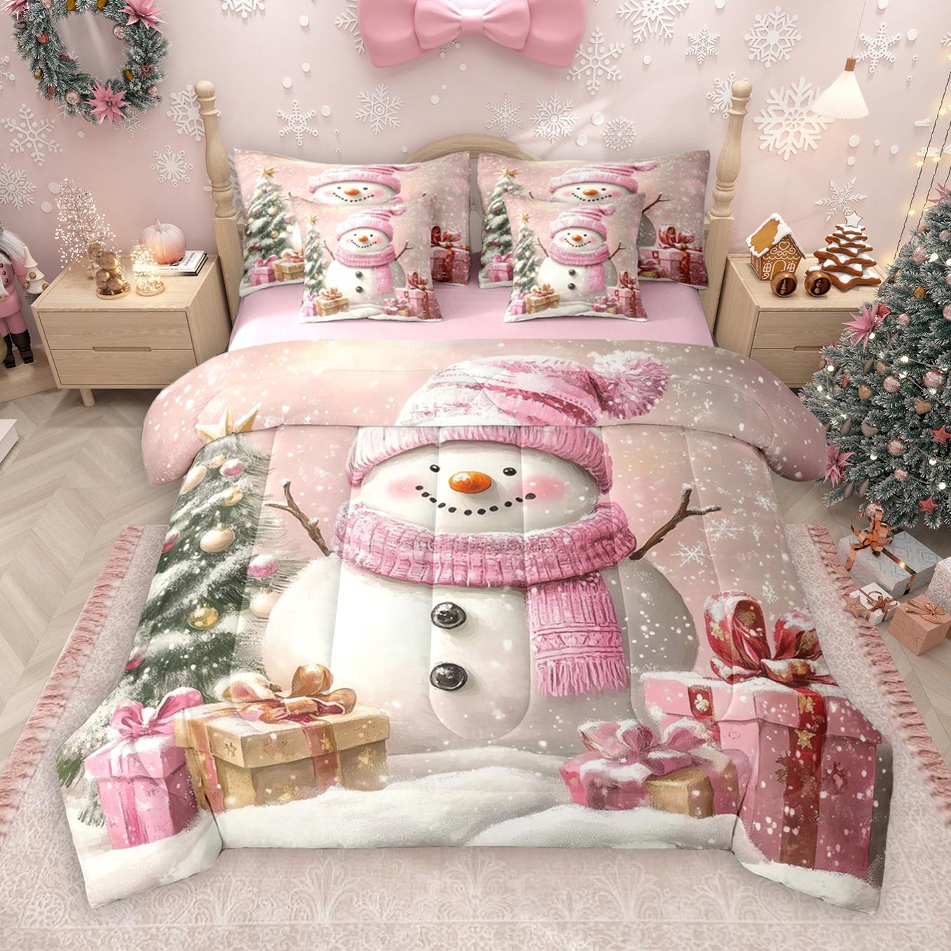 thumbnail video image 2 of Manfei Cartoon Christmas Snowman 7-Piece Twin Bedding Sets,Merry Xmas Bedding Comforter Set,Pink Gold Green Sheet Sets For Girl Boys Kids,Super Cozy Room Decor Reversible, 2 of 9