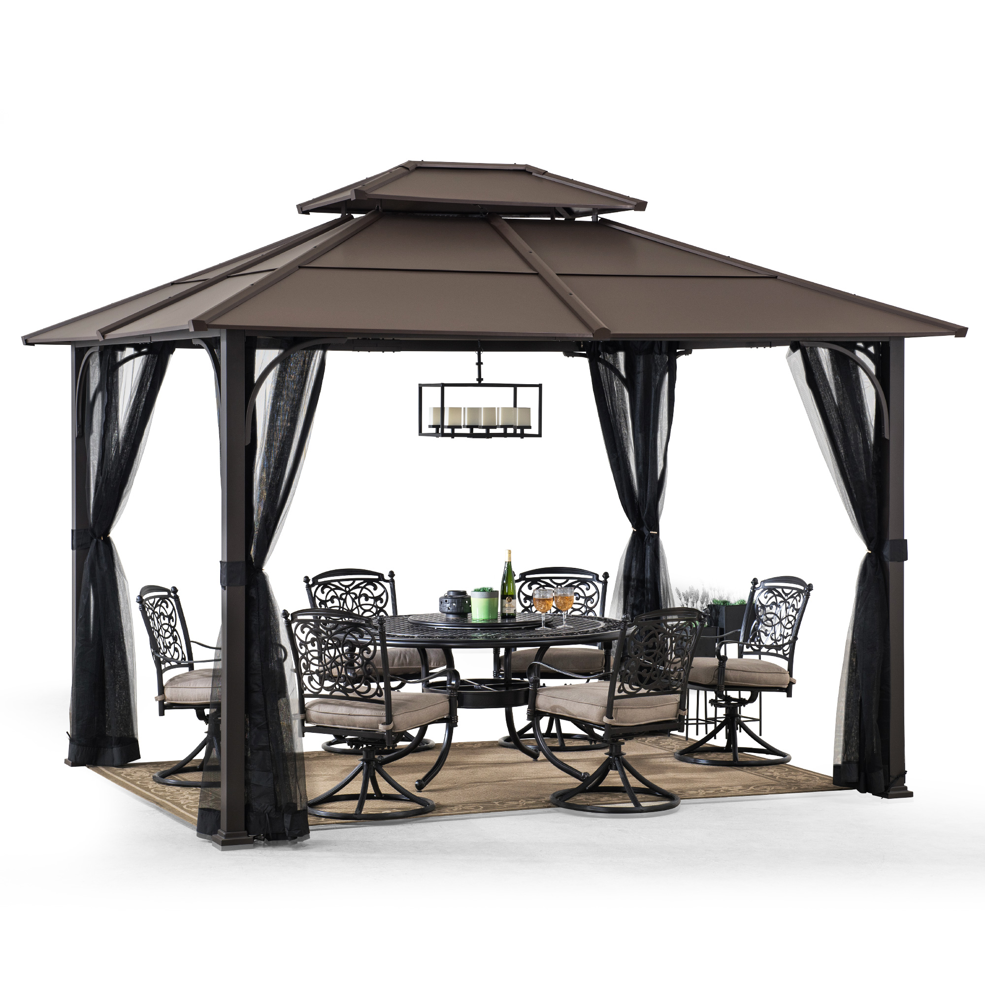 thumbnail video image 2 of Sunjoy Outdoor Hardtop Gazebo 10 x 12 ft. Steel Frame Gazebo, 2 Tiered Metal Gazebo with Ceiling Hook and Mesh Netting, Brown, 2 of 14