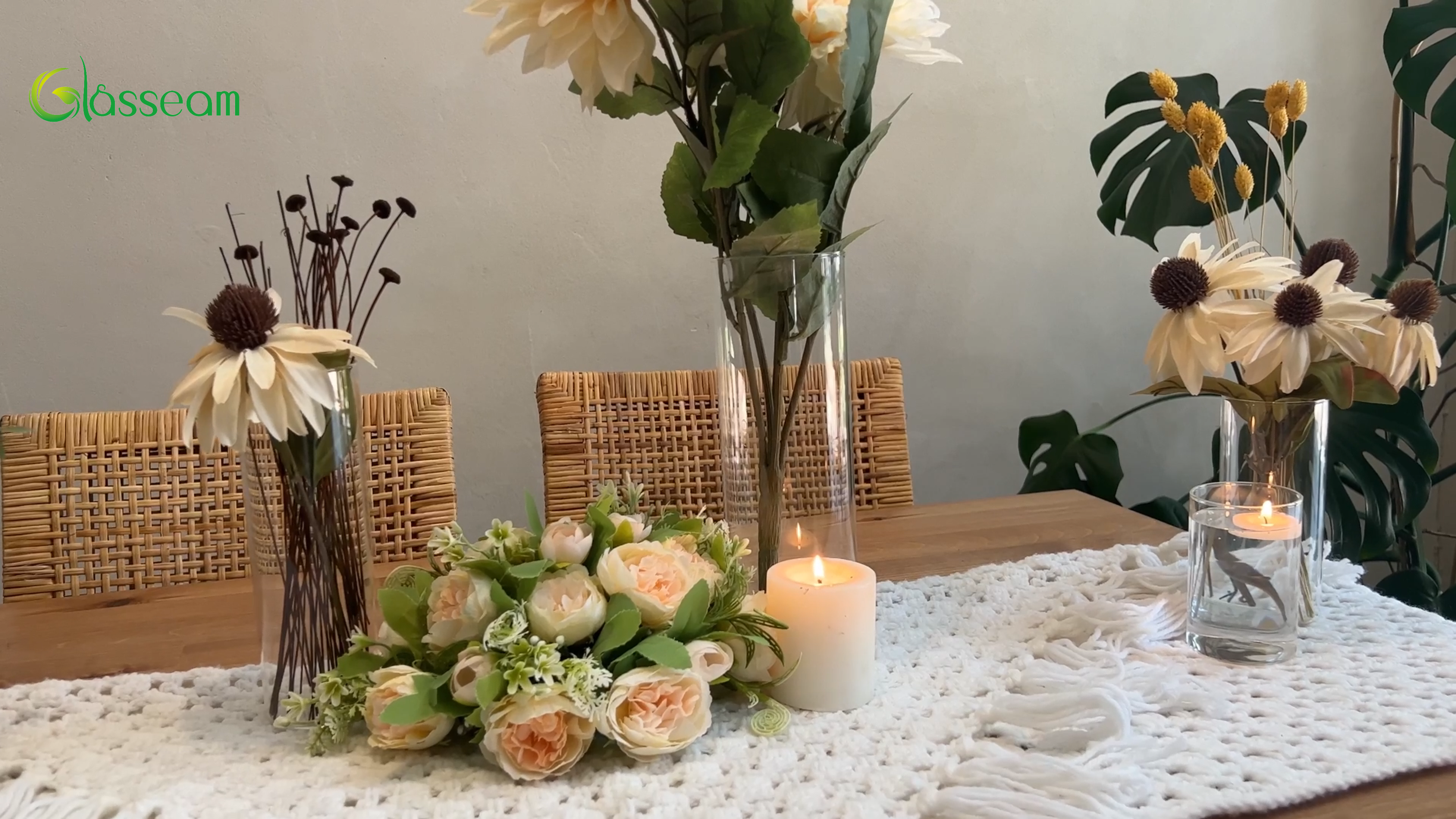 thumbnail video image 2 of Glasseam Glass Cylinder Vase in Bulk for Wedding Centerpieces 3.3" Dia x（6"+8"+10")Tall Clear Hurricane Floating Candle Vases Set of 24, 2 of 8