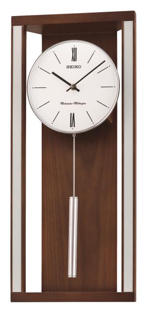 thumbnail video image 2 of Seiko Mid-Century Modern Sophisticated Brown Quartz Analog Wall Clock with Pendulum Dual Chimes, QXH068BLH, 2 of 8