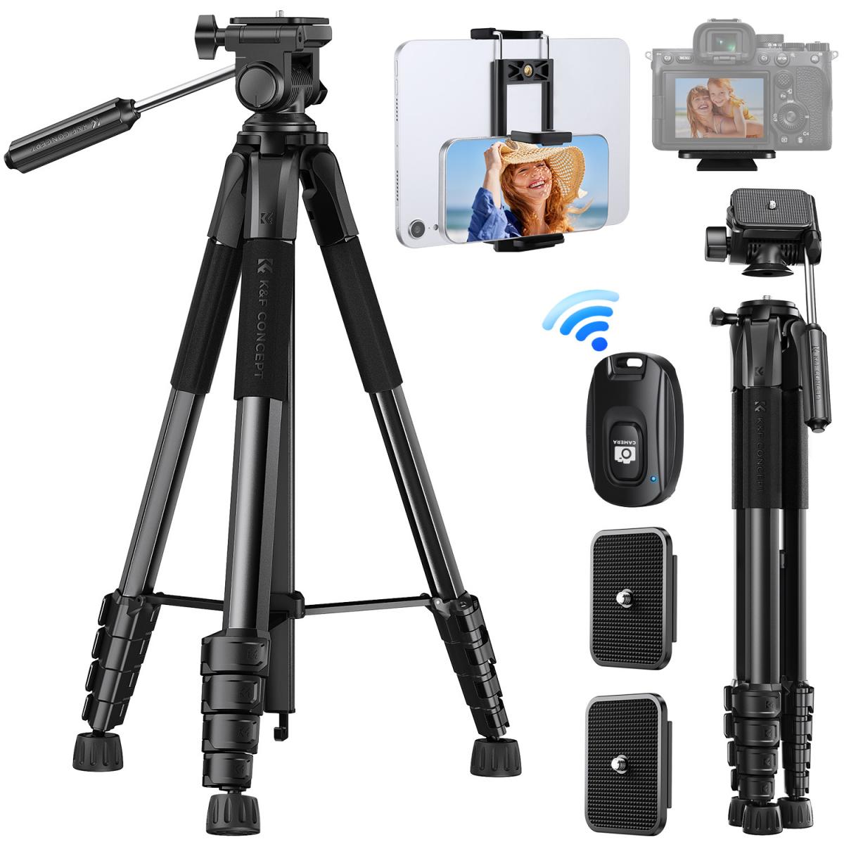 thumbnail video image 2 of K&F CONCEPT 75" Lightweight Camera Tripod, Portable Travel Outdoor DSLR Tripods with Remote and Phone Holder, Cellphone Clip for Smartphone Live Streaming Vlog, Black, 2 of 9
