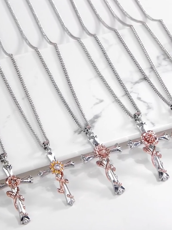 thumbnail video image 2 of AWAYTR Floral Cross Necklace for Women, Rose Gold Plated Rhinestone Pendant, Multi-Color Floral Charm, Vintage Faith Jewelry, 2 of 7