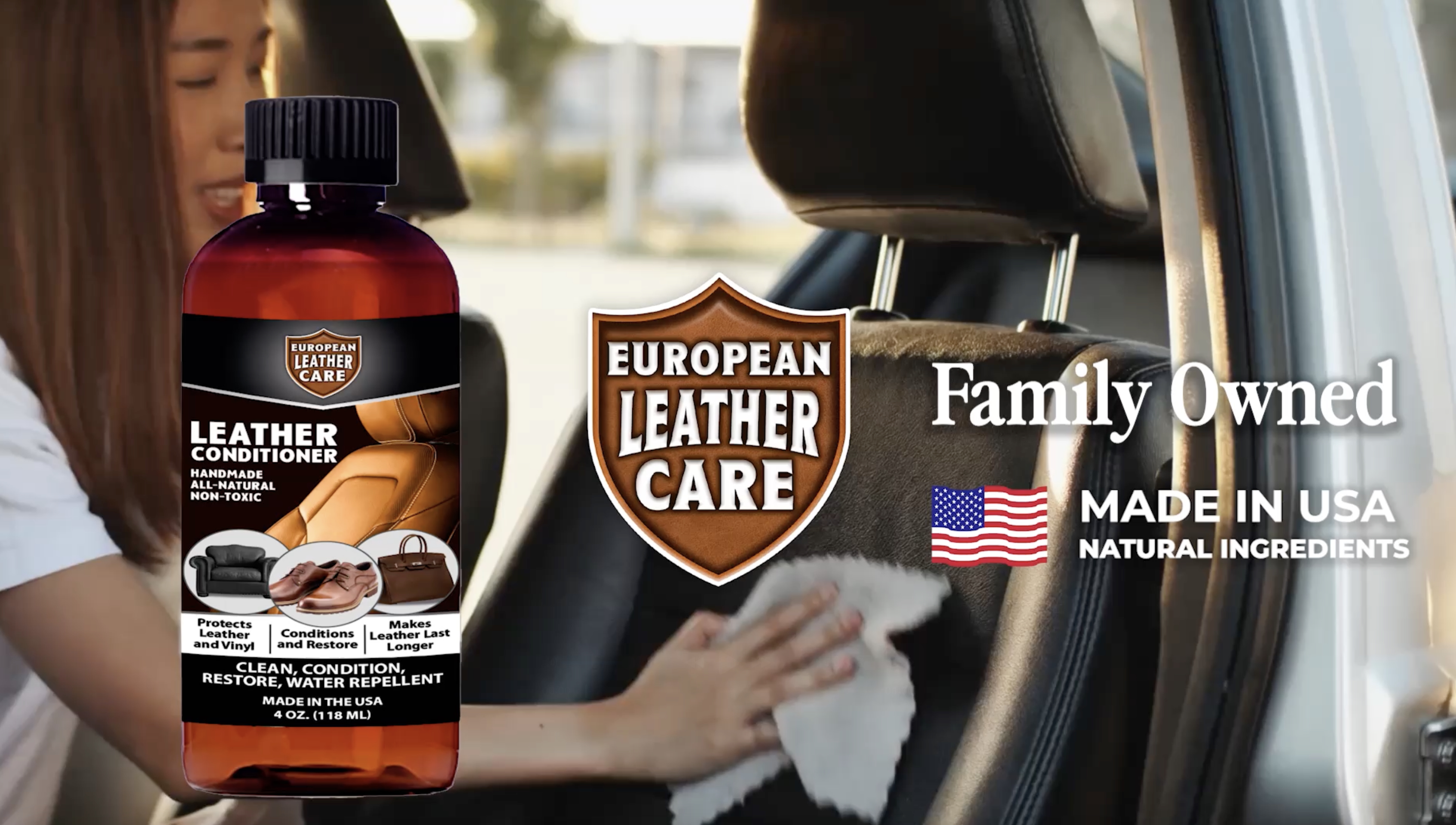 thumbnail video image 2 of European Leather Care Leather 4 oz Conditioner for Leather Couch, Furniture, Shoe, Leather Jacket, Purse, Boot Cleaner, Leather Conditioner Car Leather Cleaner Leather Repair Restorer All Natural USA, 2 of 8