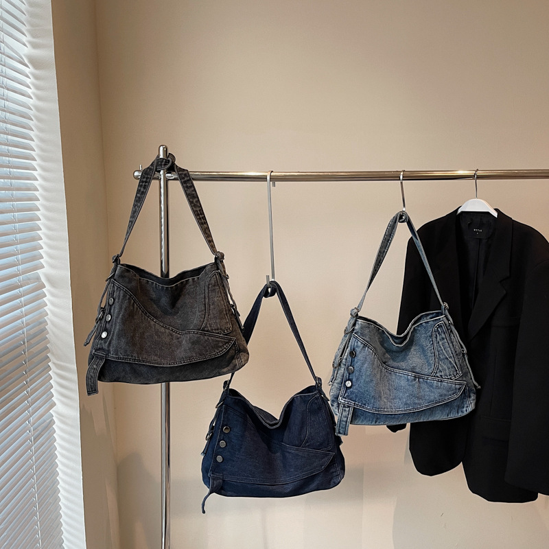 thumbnail video image 2 of Sunyuer Women Vintage Washed Denim Hobo Bag, Large Capacity Commuter Shoulder Tote Handbag, Casual Retro Denim Crossbody Bag with Adjustable Strap for Work Travel Daily Use, 2 of 7