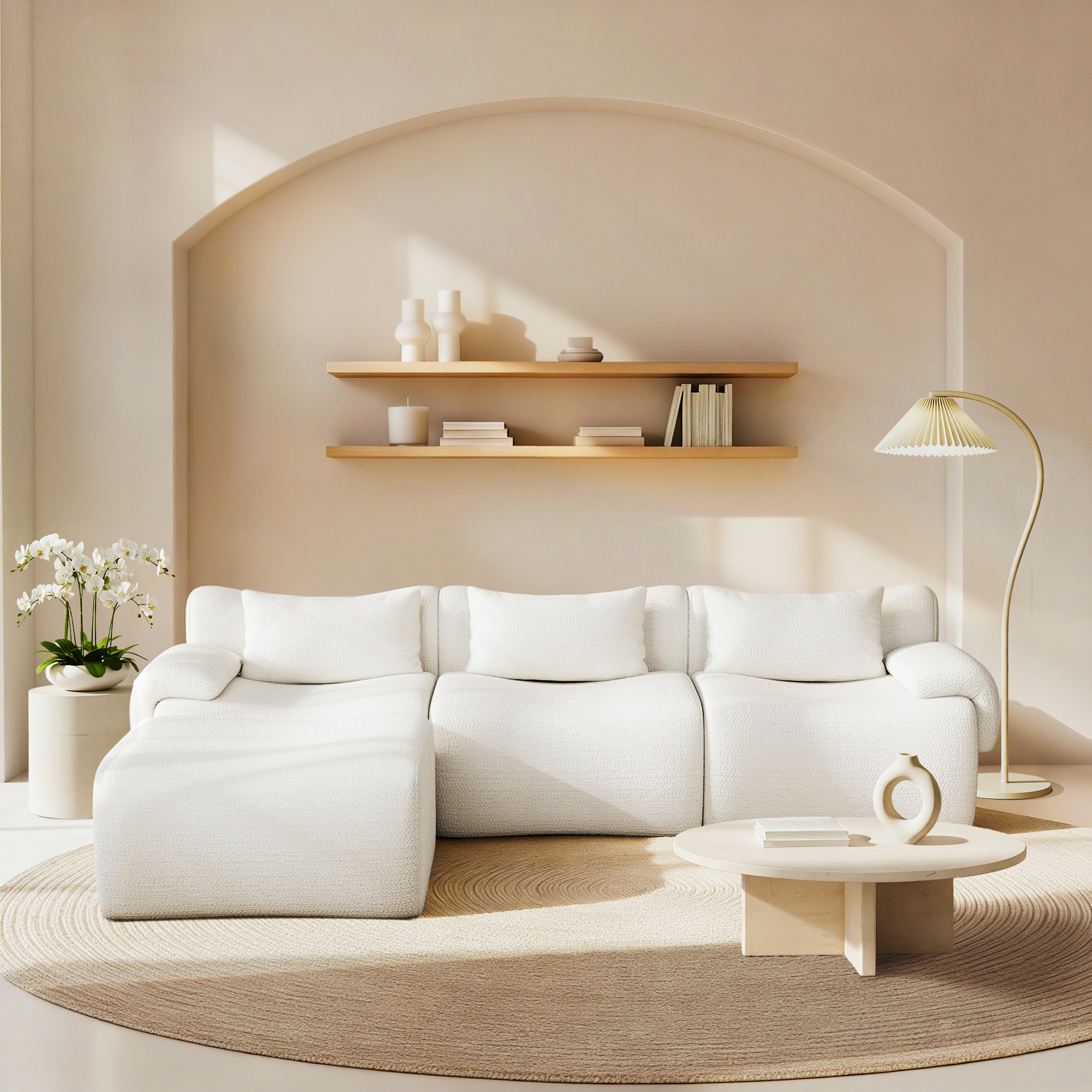 thumbnail video image 2 of Gronda White Boneless Couch  L Shaped Modular Sectional Sofa No Assembly 114" Comfy Chenille 3 Seater Curved Sectional Couches with Ottoman for Living Room, Apartment, Modern, 2 of 14