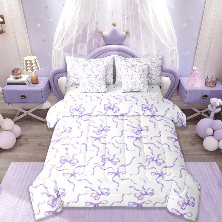 thumbnail video image 2 of jejeloiu Ribbon Bow Tie Bedding Comforter Set 7 Pieces,Bowknot Stars Pattern Full Bedding Set,Purple White Fitted Sheet Flat Sheet,Lightweight Room Decorative Reversible, 2 of 9