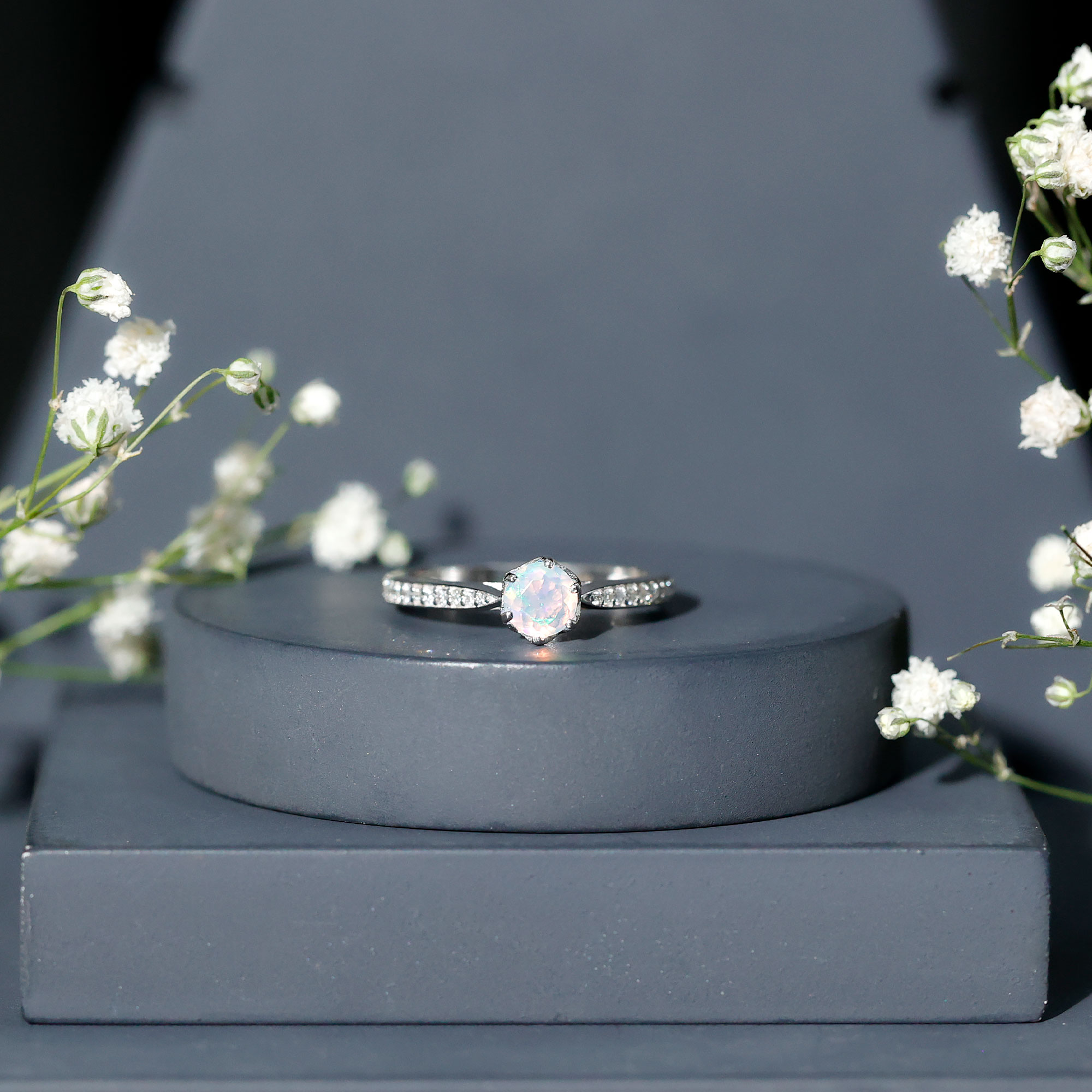 thumbnail video image 2 of Rosec Jewels 0.75 CT Ethiopian Opal Solitaire Ring with Diamond Accent, Rainbow Ethiopian Opal Gold Ring for Women, 925 Sterling Silver, US 4.00, 2 of 9