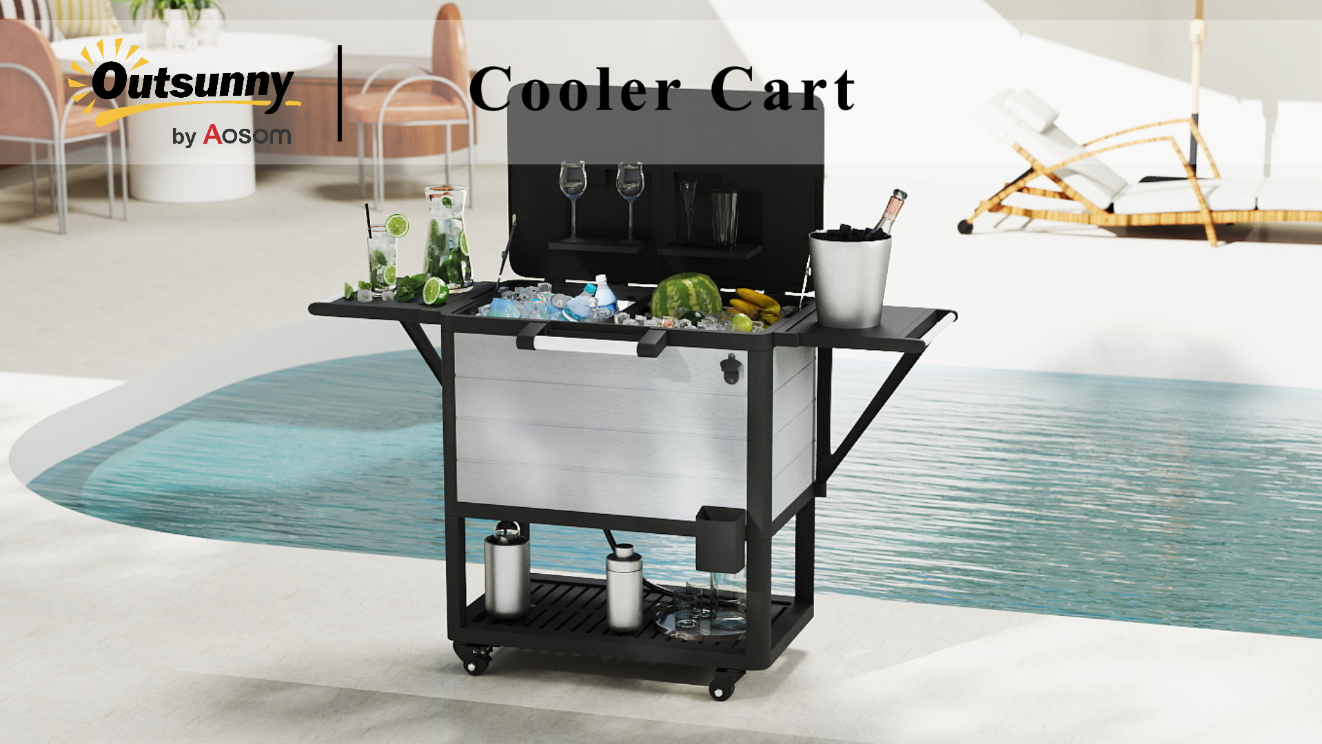 thumbnail video image 2 of Outsunny 104 Quart Patio Cooler Cart, Outdoor Beverage Rolling Ice Chest with Bottle Opener and Shelves for Pool Deck BBQ Cookouts Party, Gray, 2 of 10