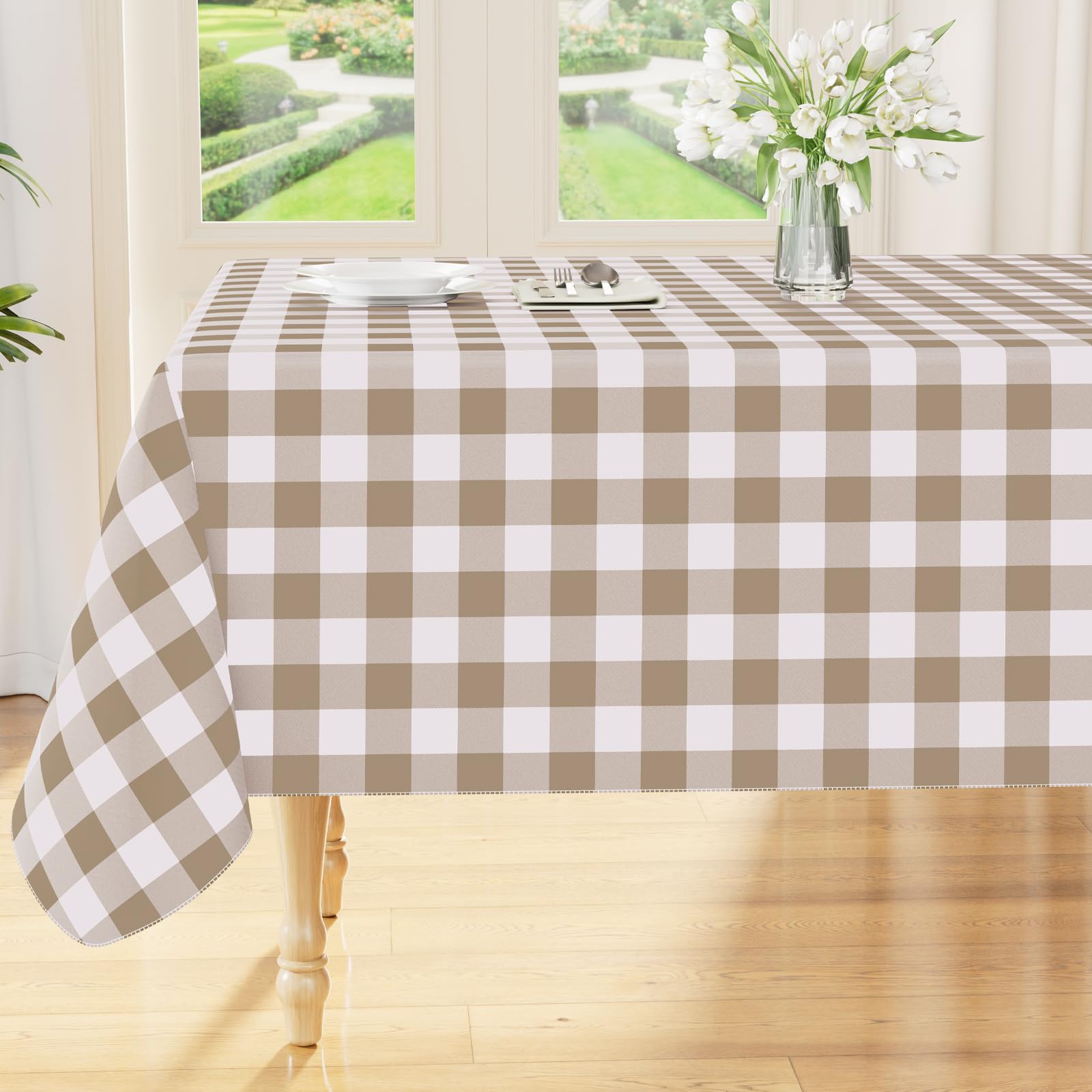 thumbnail video image 2 of Greenpod 6PCS Rectangle Table Cloth, Waterproof Vinyl Tablecloths , Wipeable Buffalo Plaid Table Cover for Dining, Indoor and Outdoor (Khaki & White, 54"x108"), 2 of 7