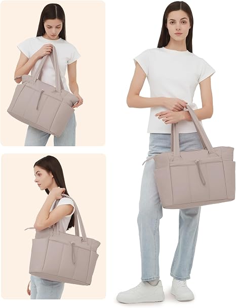 thumbnail video image 2 of Puffer Tote Bag for Women, Shoulder Bag Handbag with Cup Holder & 15.6" Laptop Compartment & Trolley Sleeve for Travel, Work, Nurse, Lightweight, 20L, 2 of 7